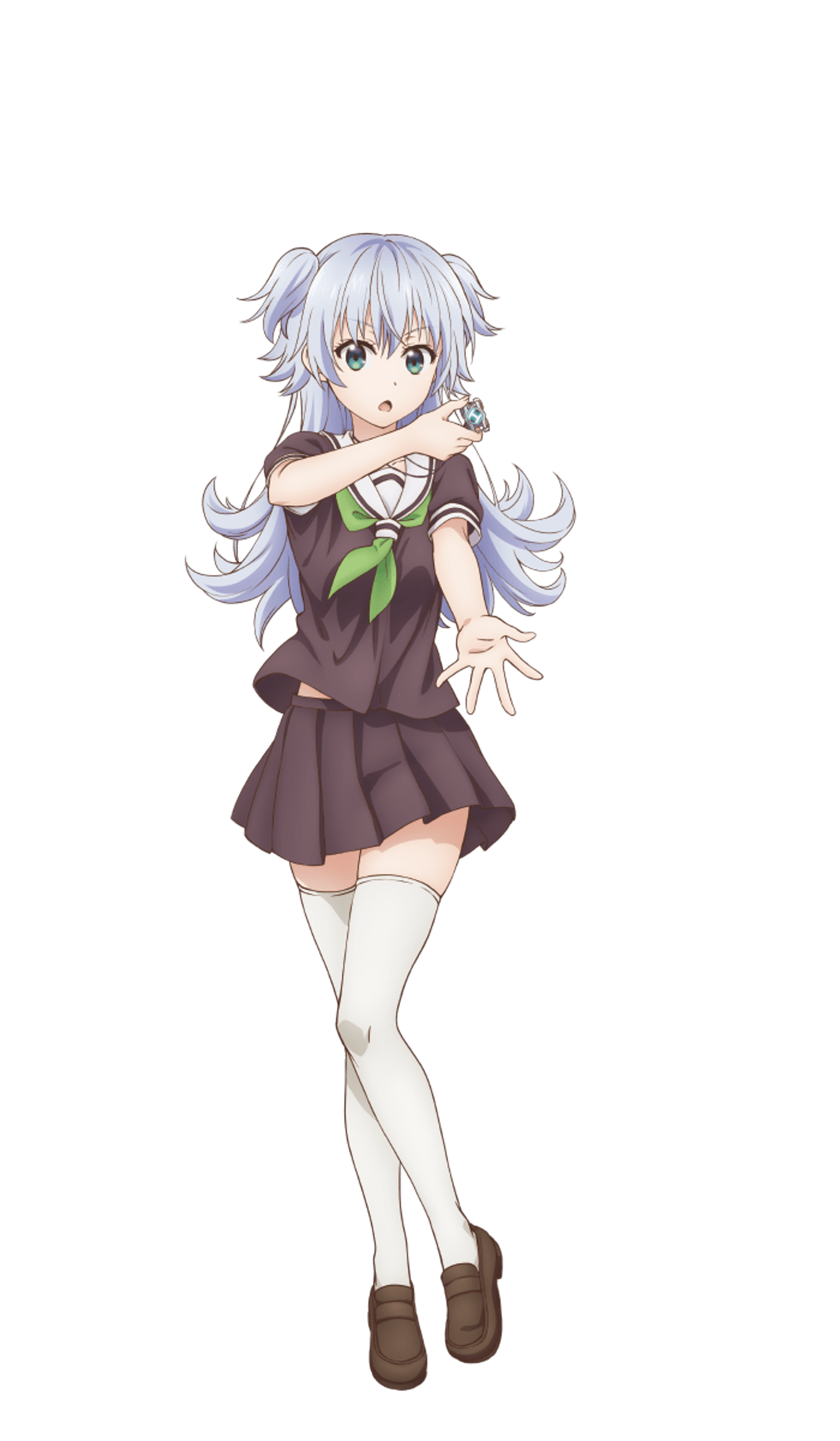 An anime-style girl with silver hair and a calm expression, wearing a brown dress with a green bow.