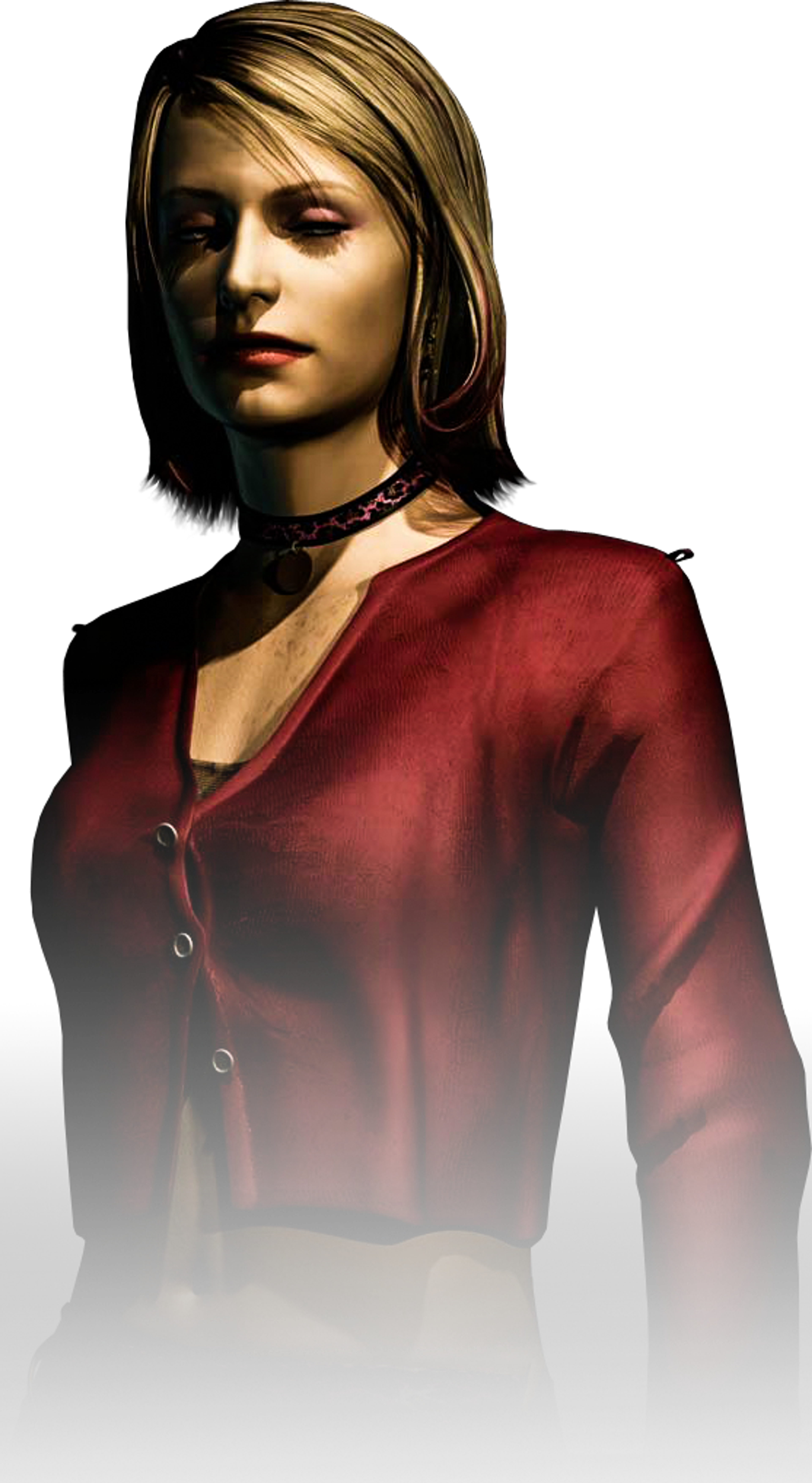A young woman with blonde hair wearing a red shirt in a dark, moody setting