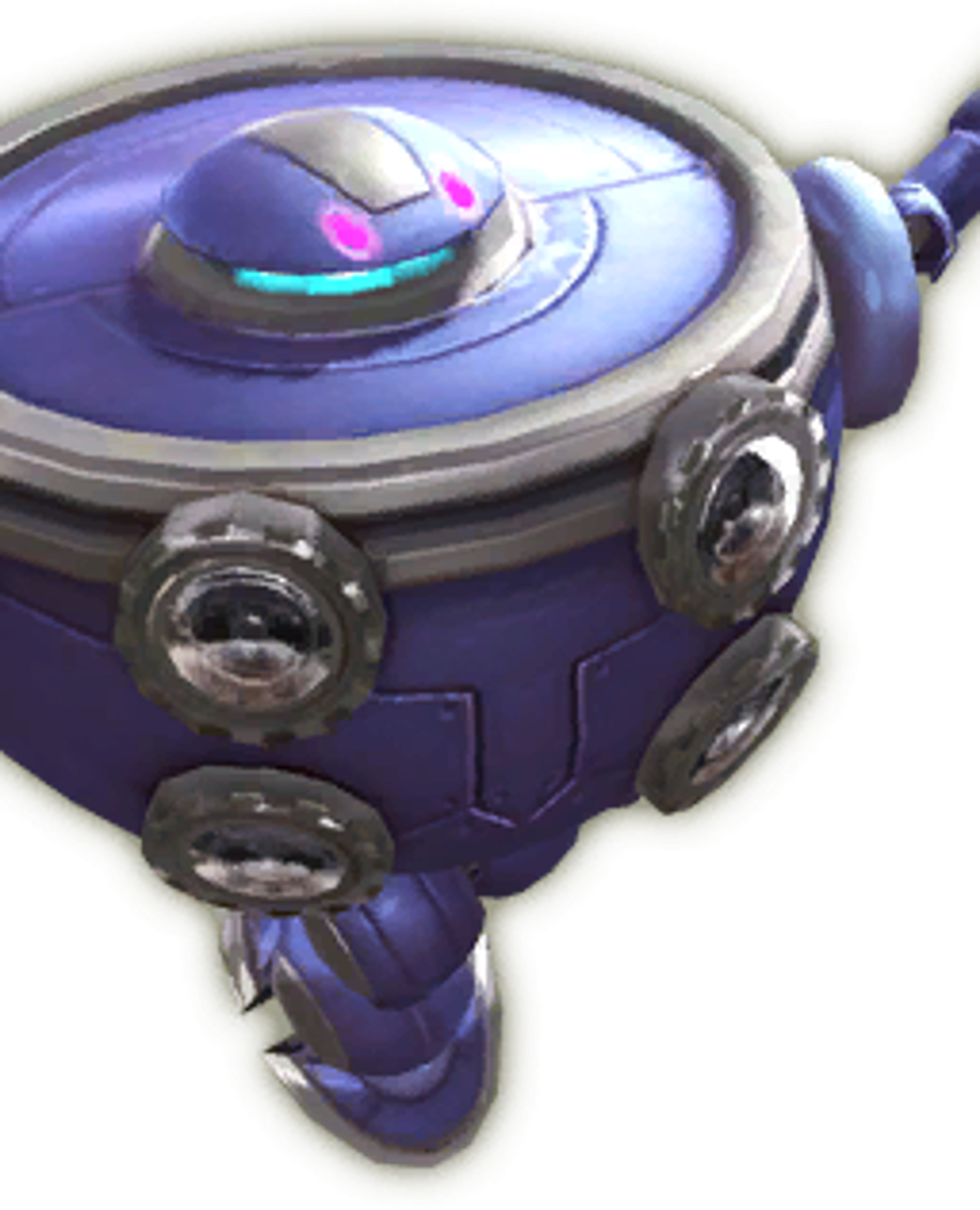 A metallic purple, cyan, and silver robot character with a round, egg-shaped body and a single large eye.