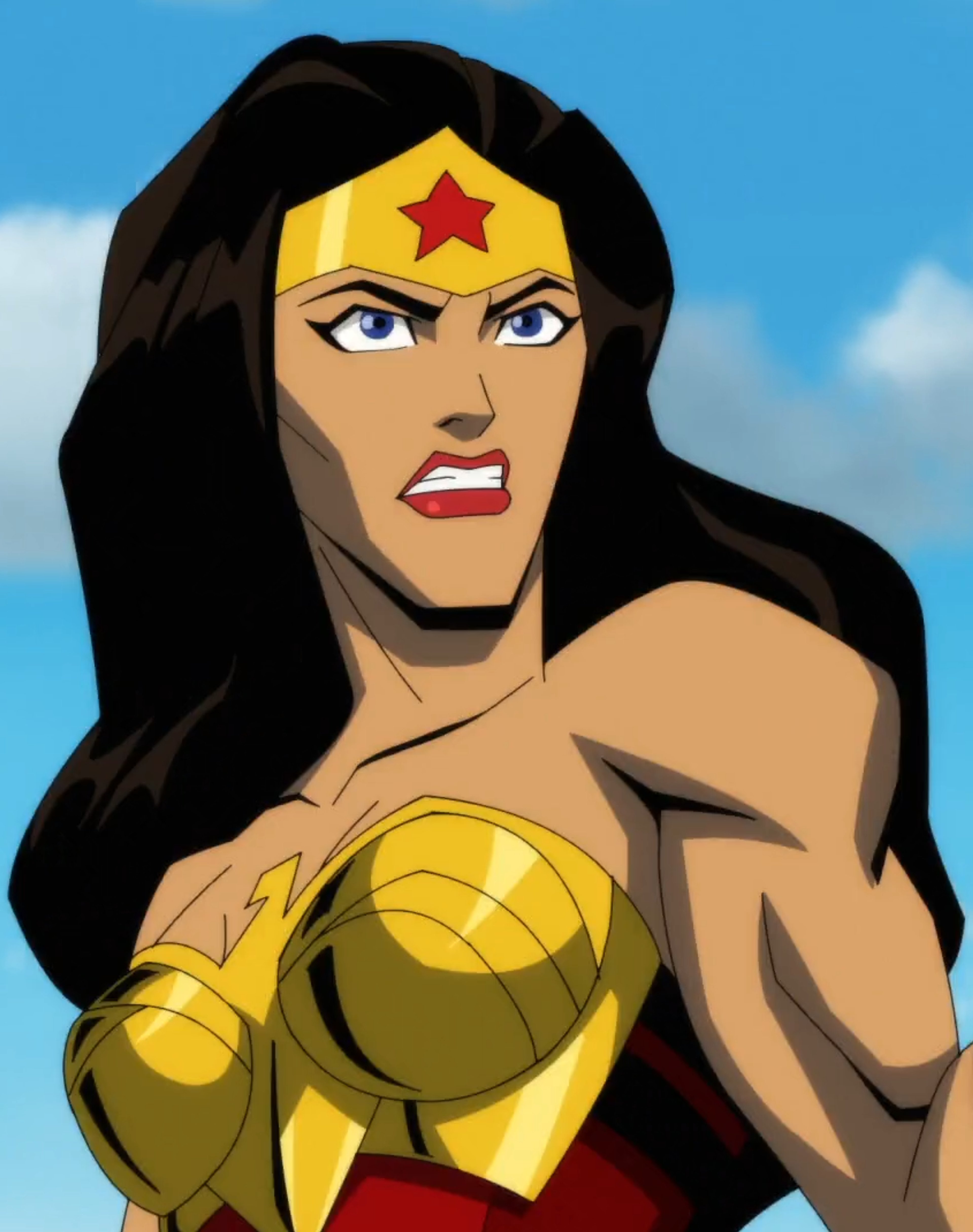 A female superhero character with long dark hair, a red and gold costume, and a star-shaped emblem on her chest.