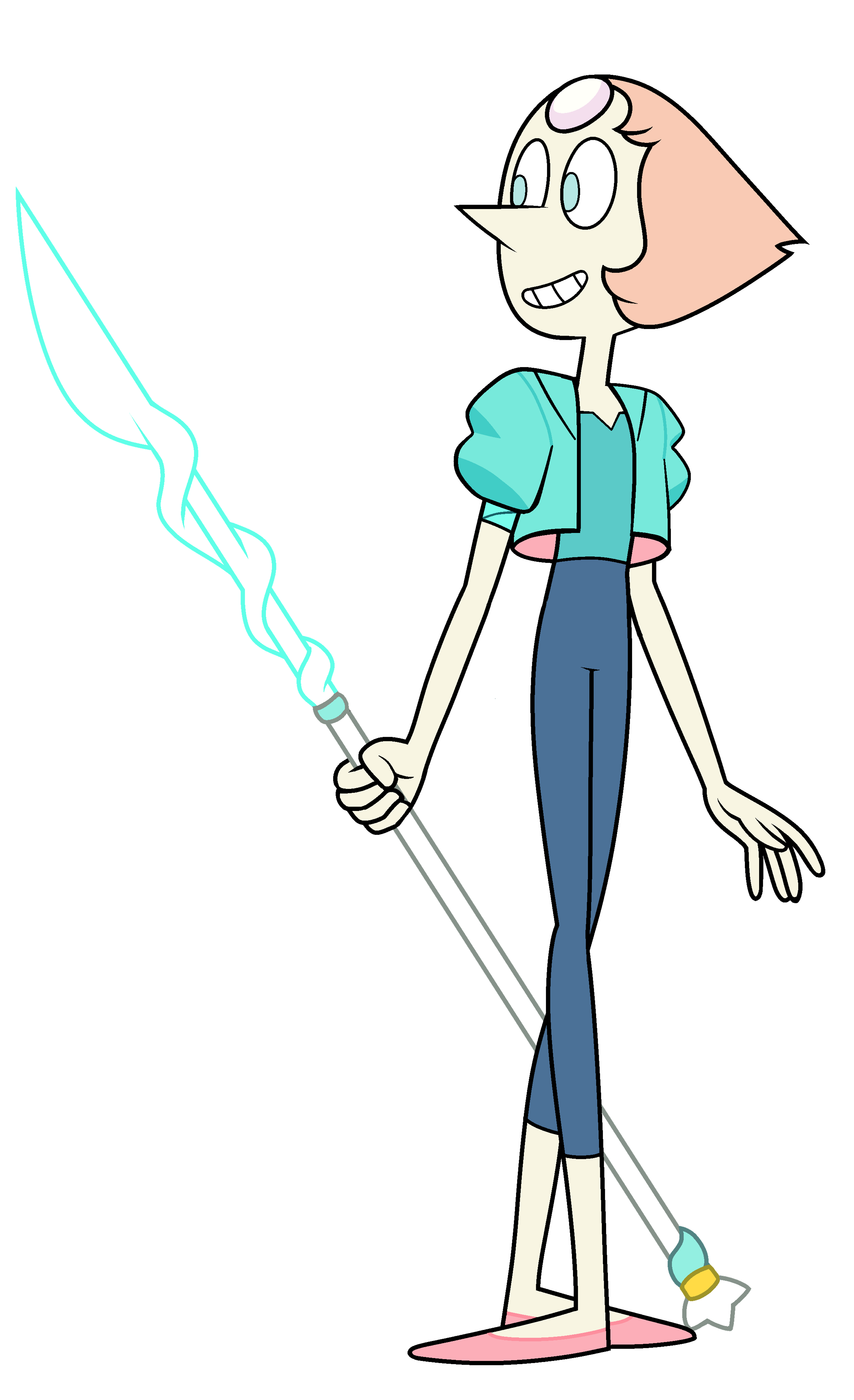 A tall, slender alien character with a pearl-shaped gemstone on their forehead, holding a glowing spear-like weapon.