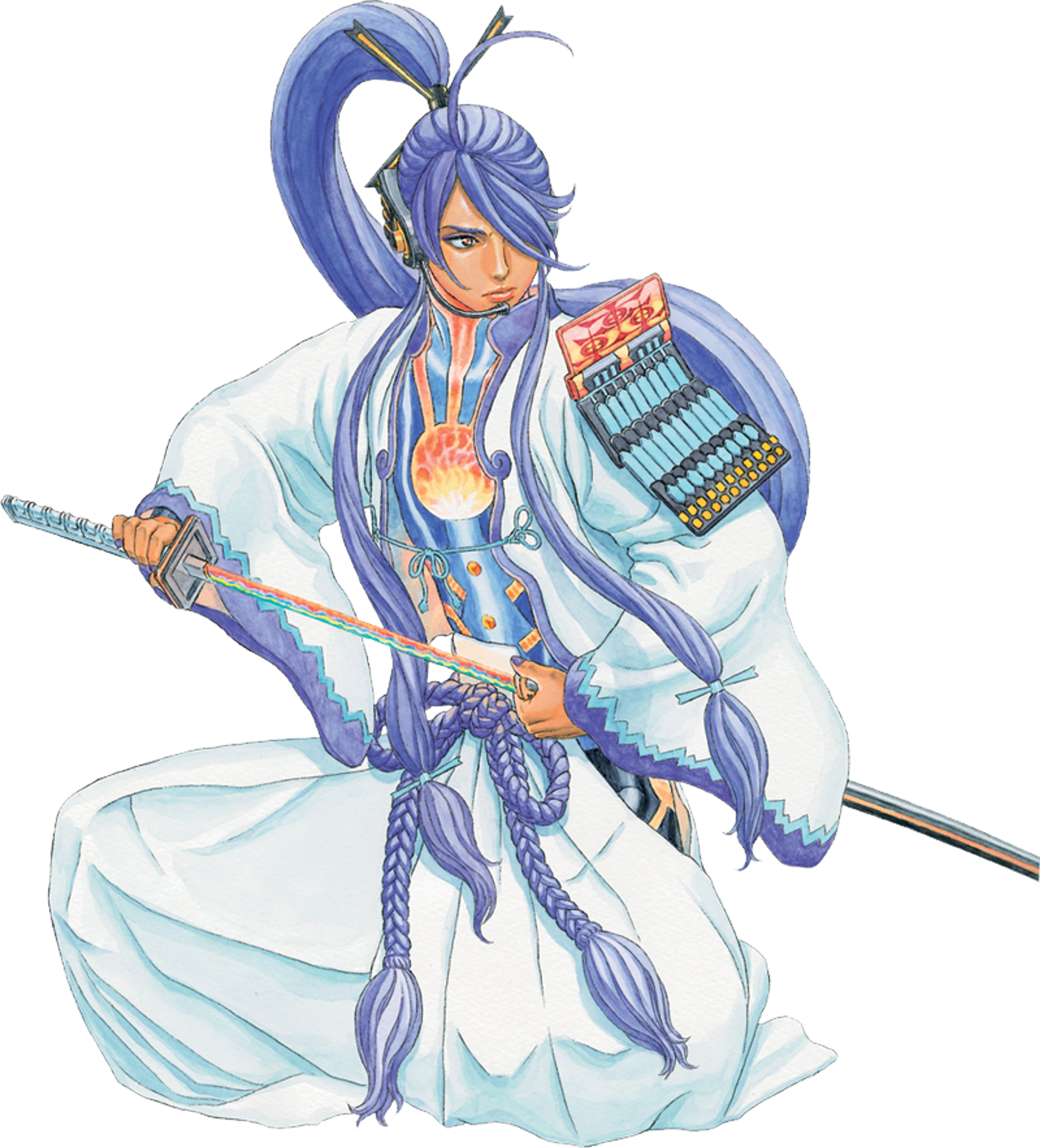An anime-style character with long blue hair, wearing a traditional Japanese outfit with a modern twist, holding a katana sword.