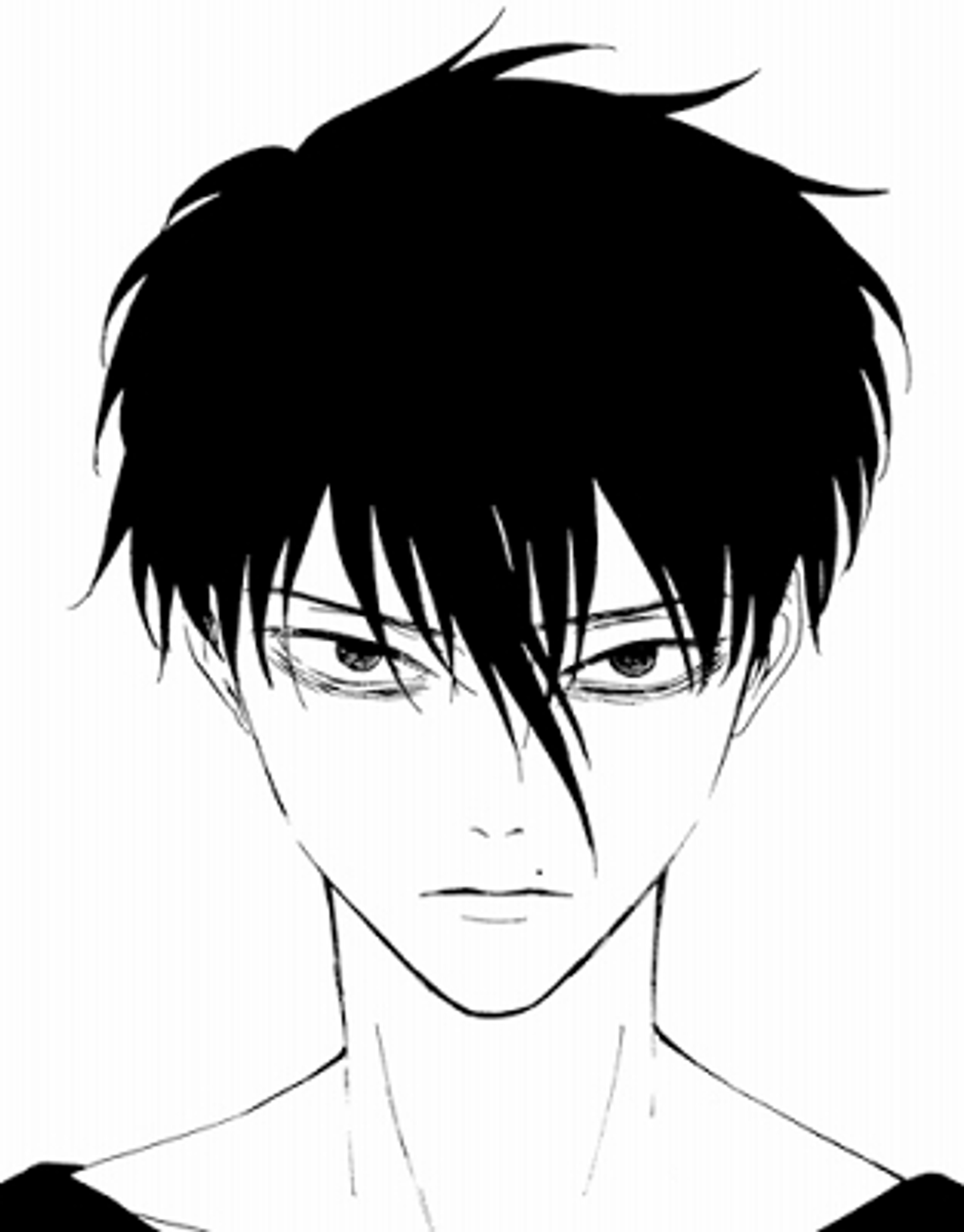 A young man with dark, spiky hair and a serious expression