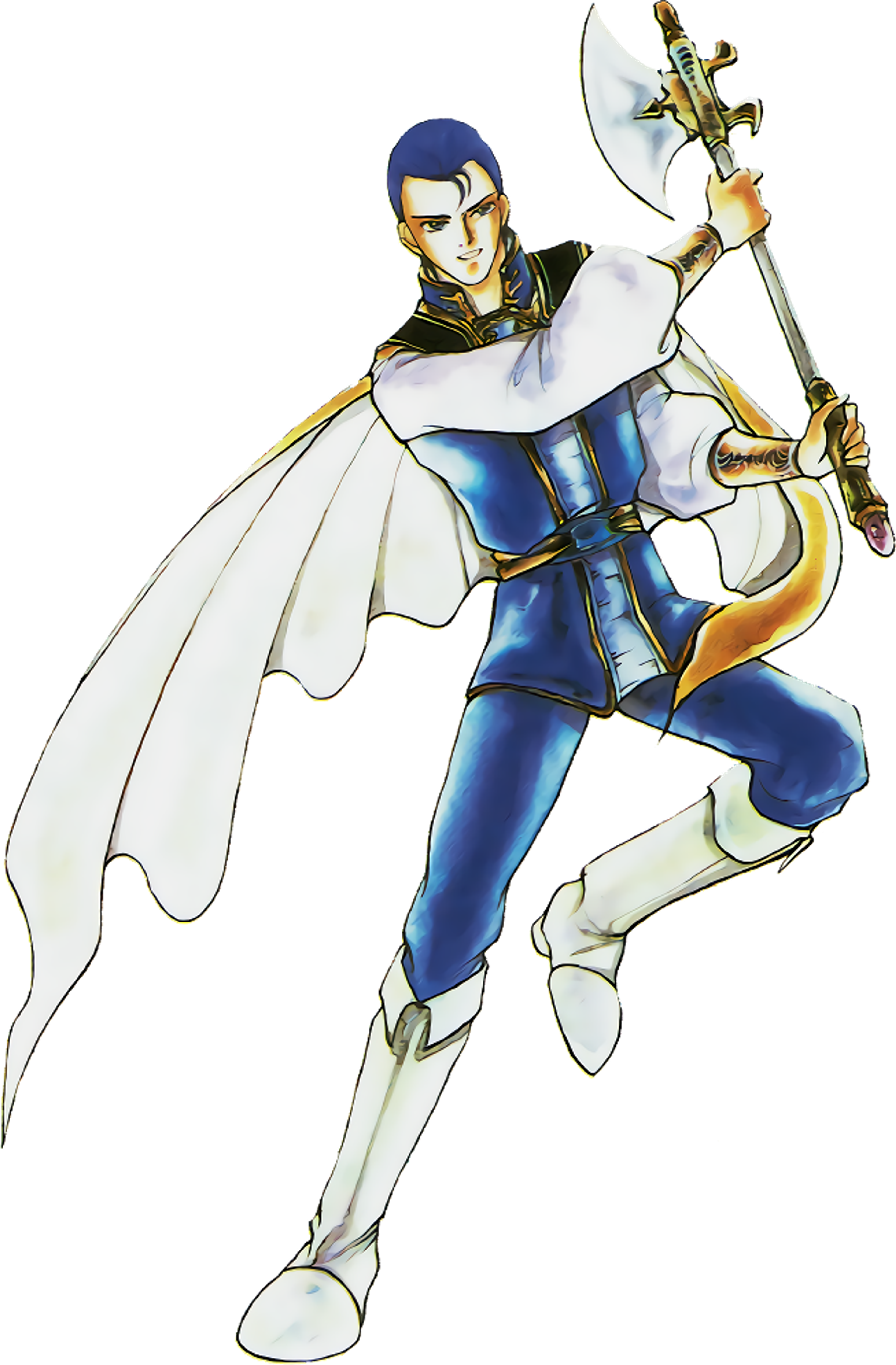 A young man in a blue and white outfit wielding a golden axe