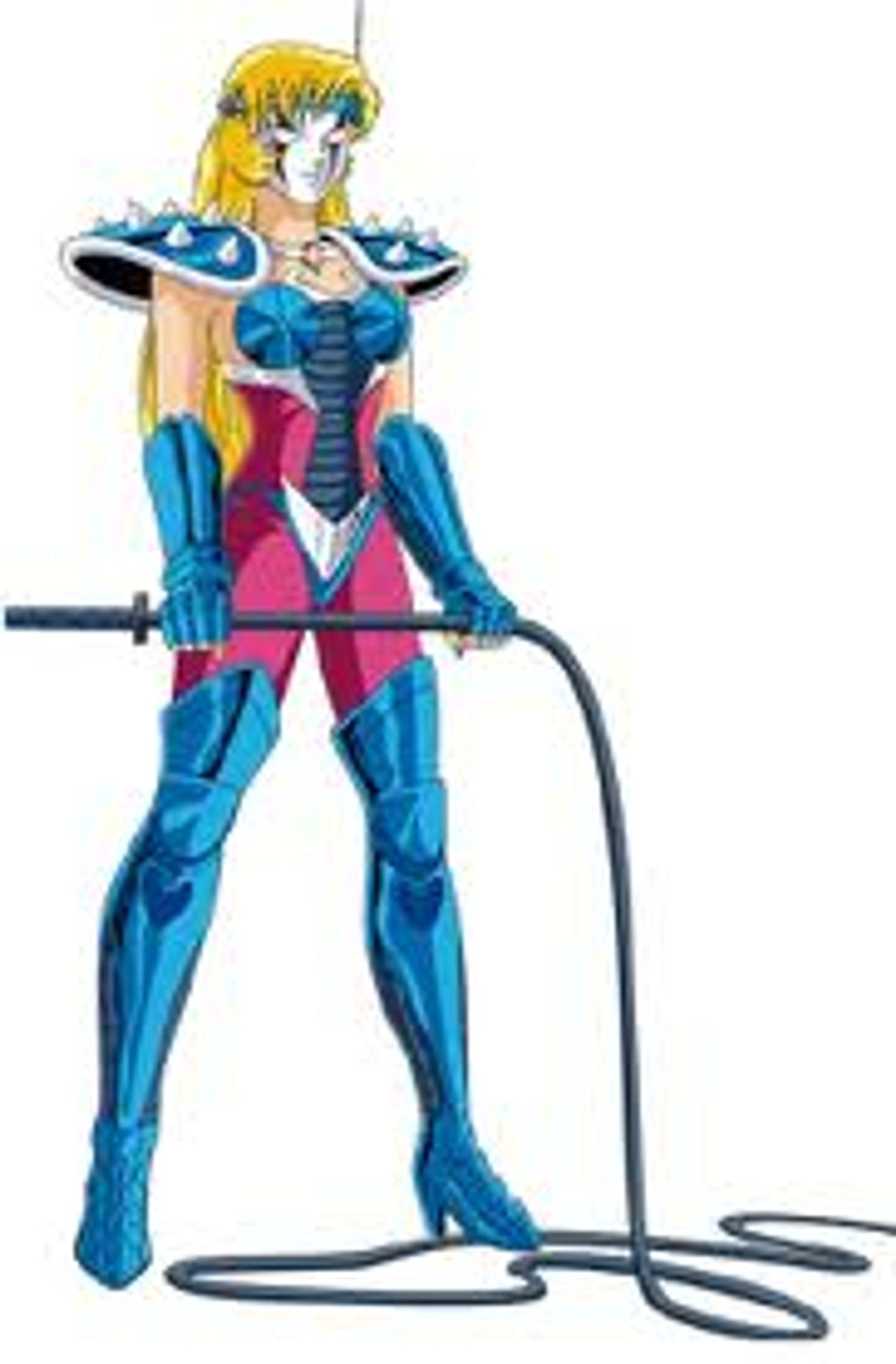 A female warrior character wearing a blue and pink bodysuit and mask, holding a whip in a fighting stance.