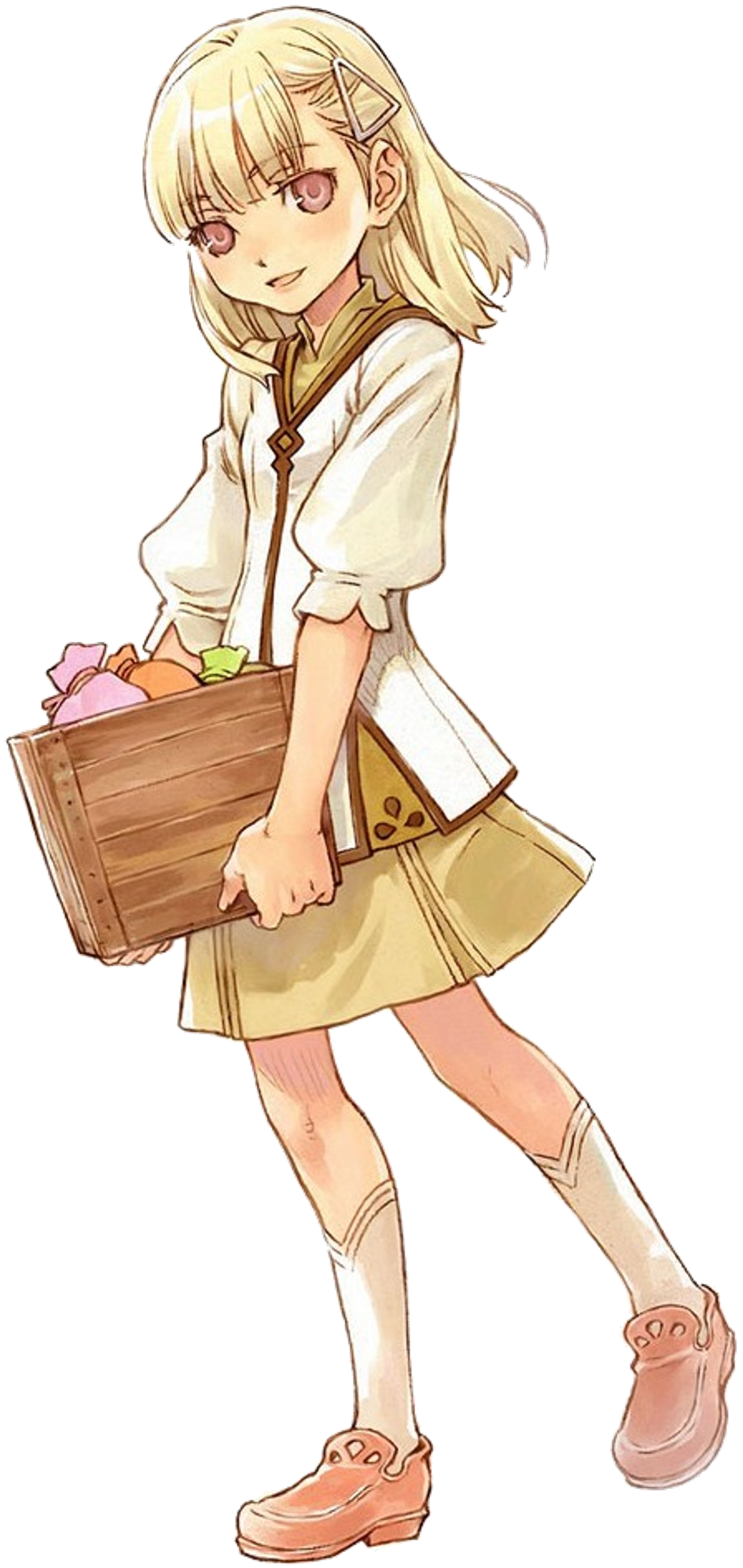 A young woman with blonde hair carrying a wooden crate