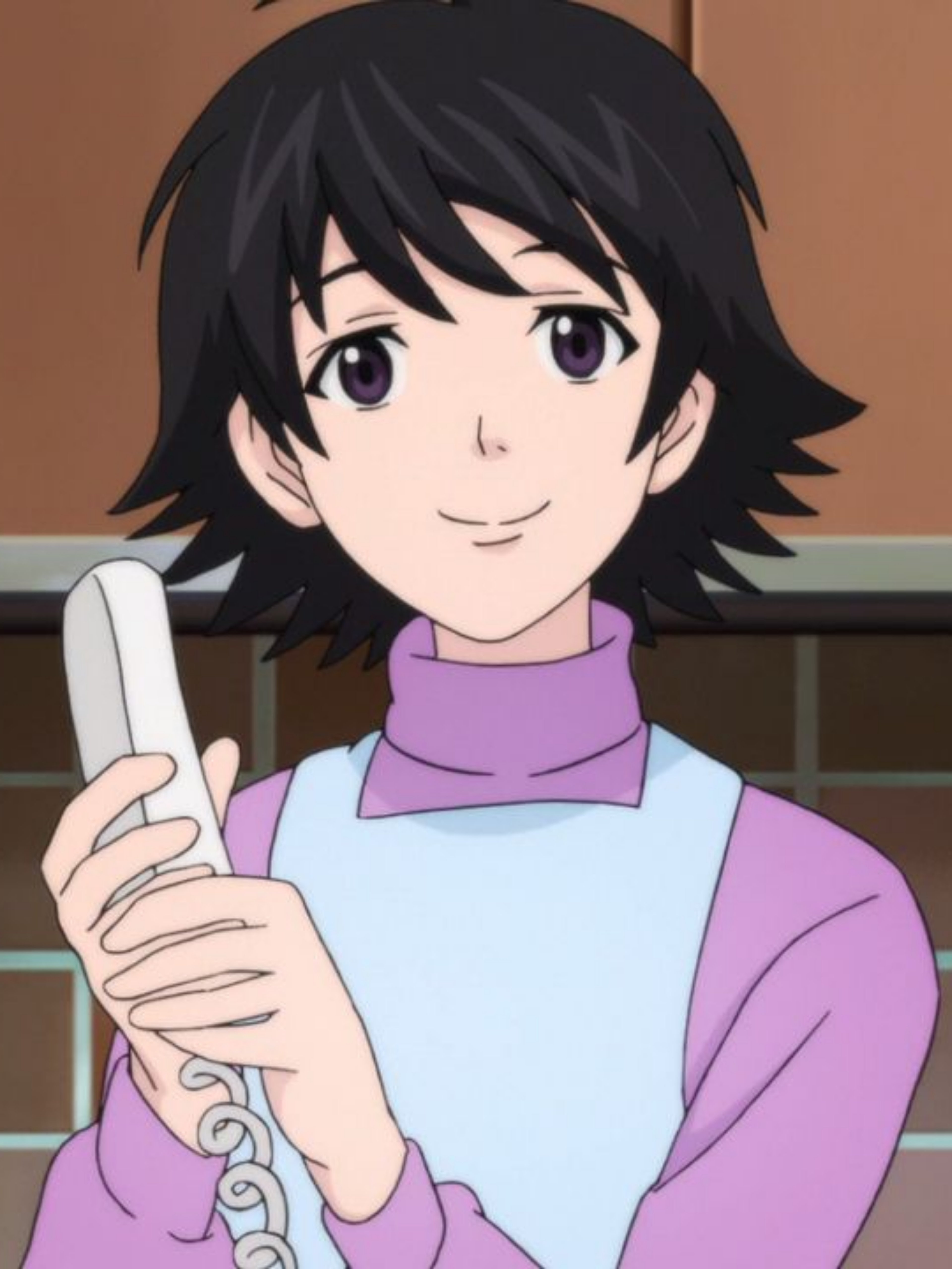 An anime-style character with short black hair wearing a pink sweater and holding an electronic device.