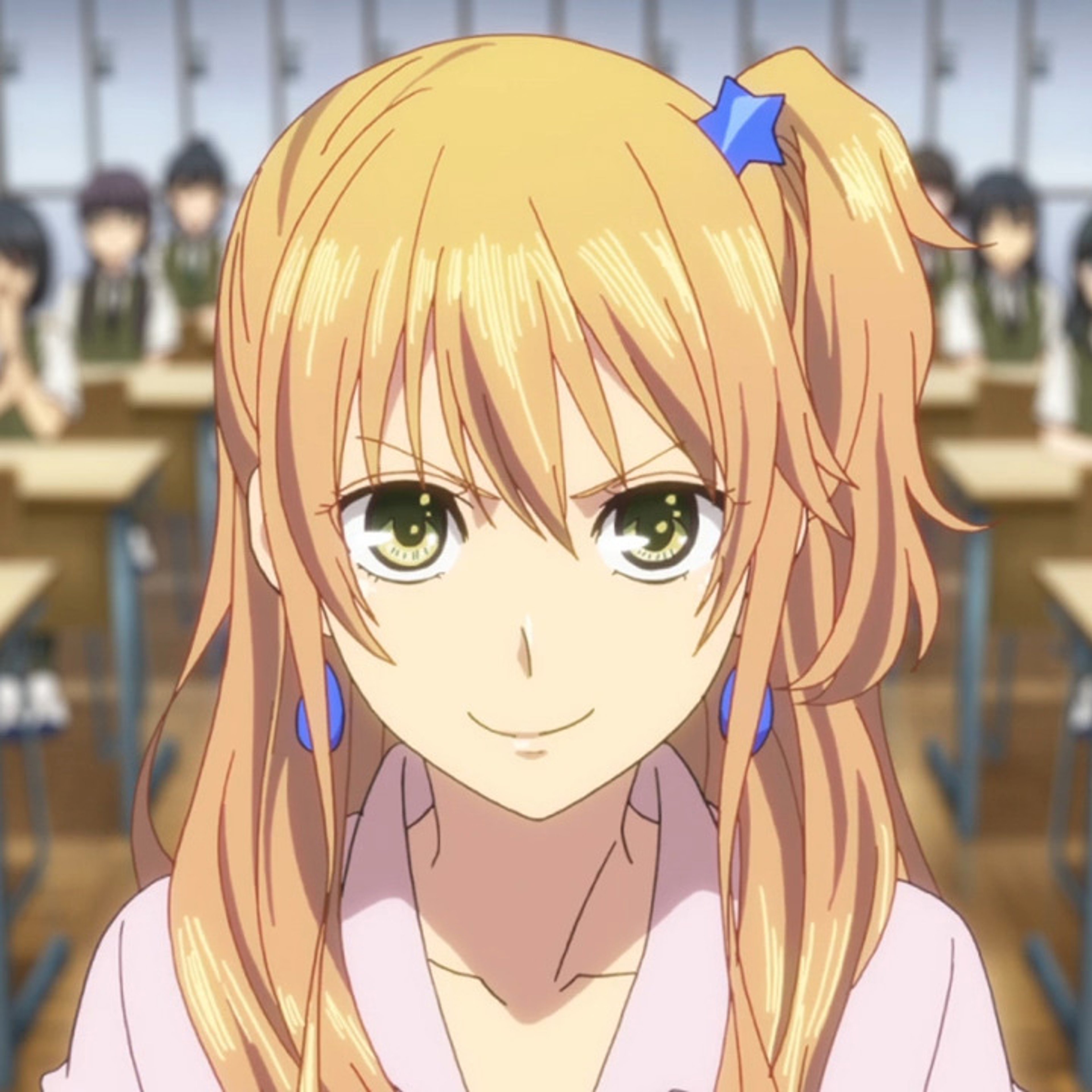 An anime-style character with blonde hair in pigtails, wearing a pink sweater and smiling