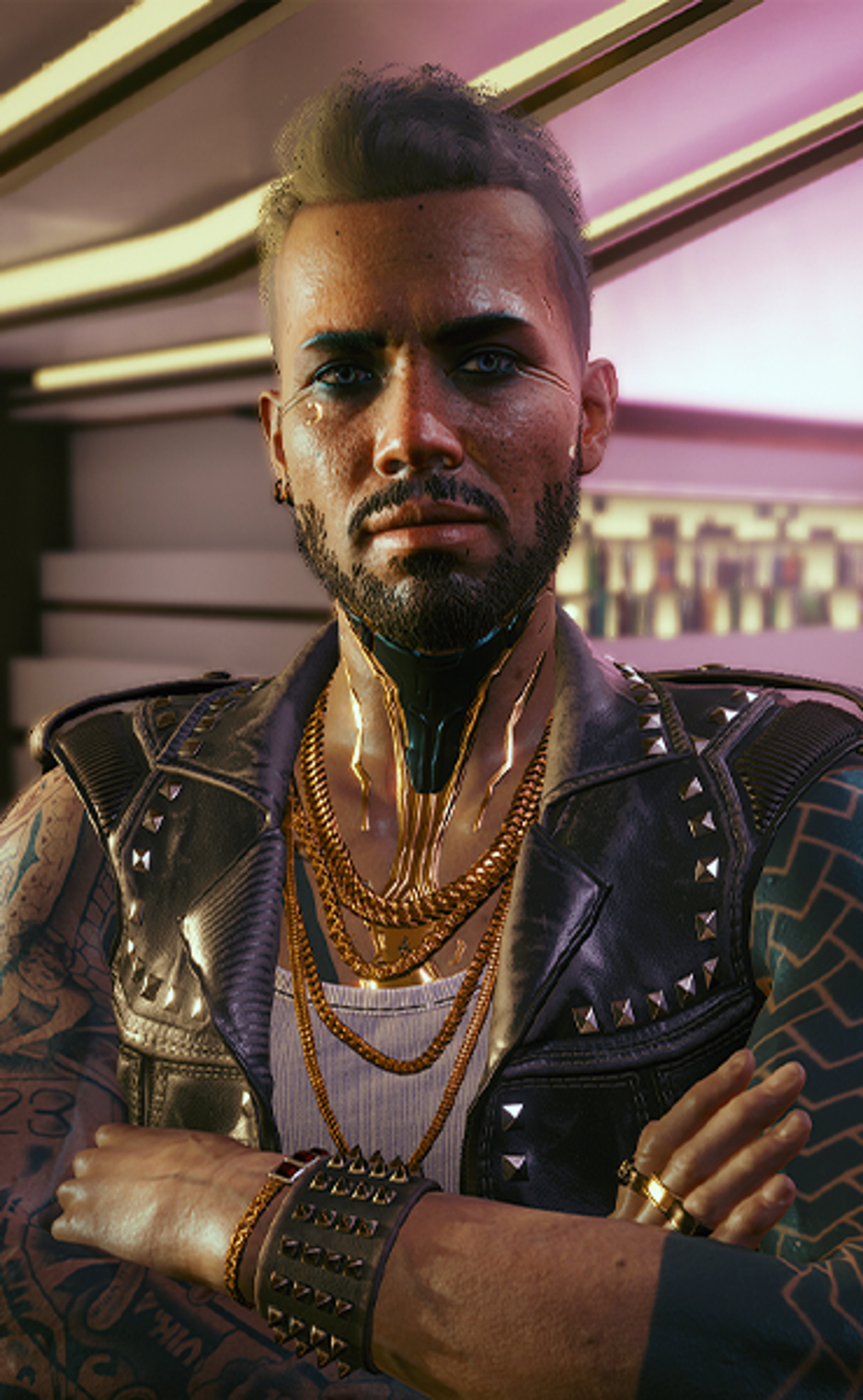 A tattooed, bearded man with a confident, defiant expression wearing a black leather jacket and gold jewelry in a cyberpunk-style setting.