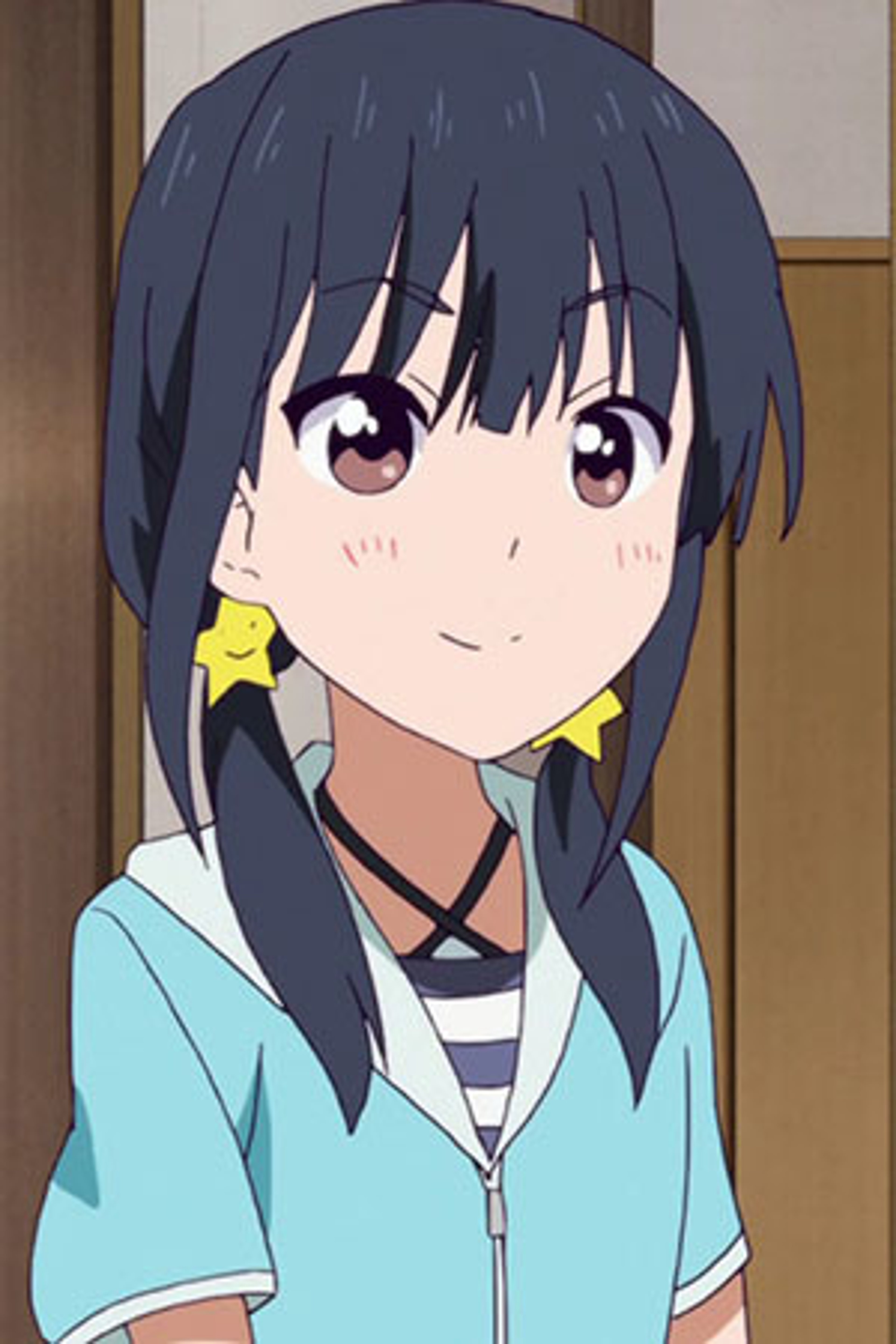 An anime-style illustration of a young girl with dark blue hair in pigtails, wearing a light blue jacket and a striped shirt, with a cheerful expression.