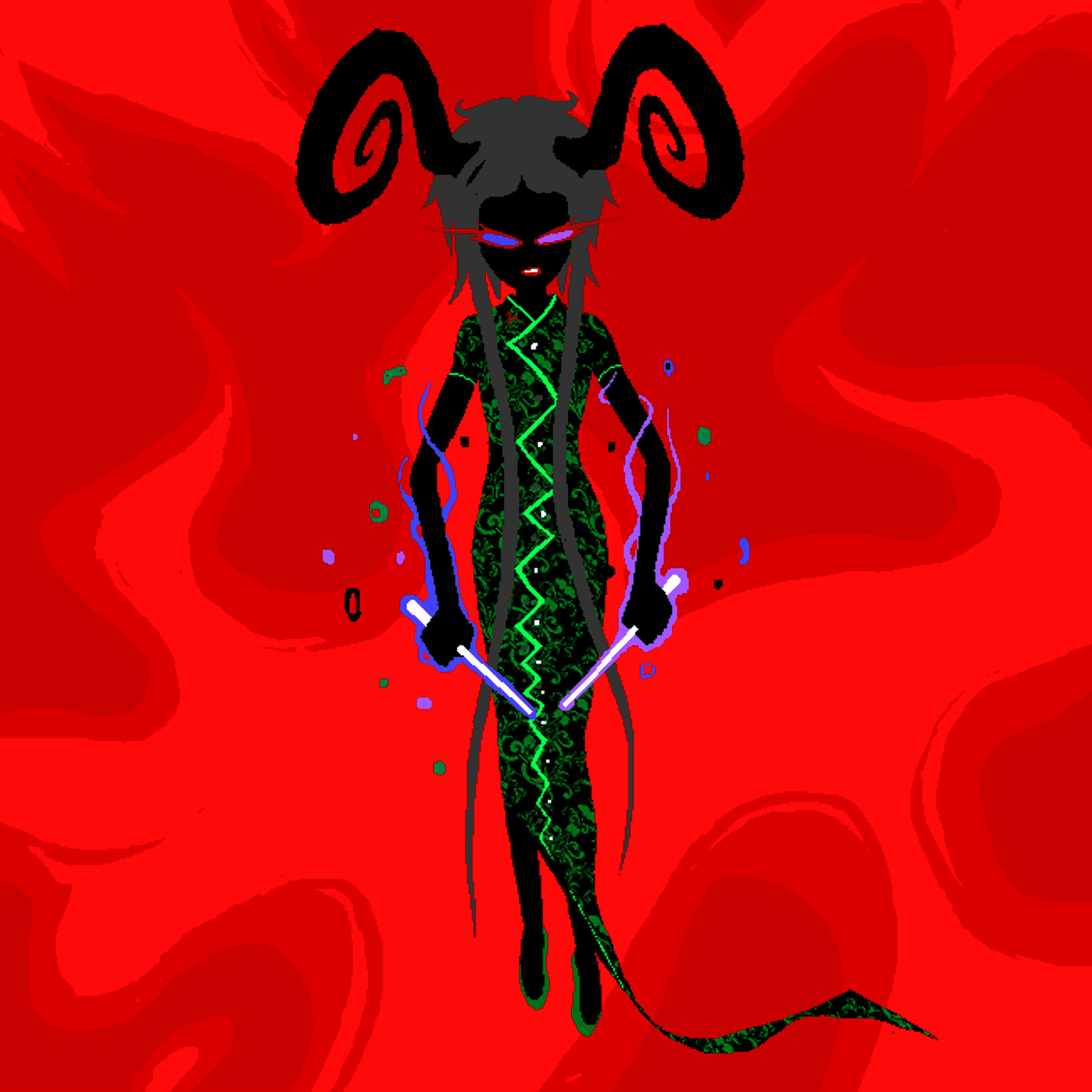 A detailed, stylized character with horns, sharp teeth, and a distinctive green and black outfit against a red background.