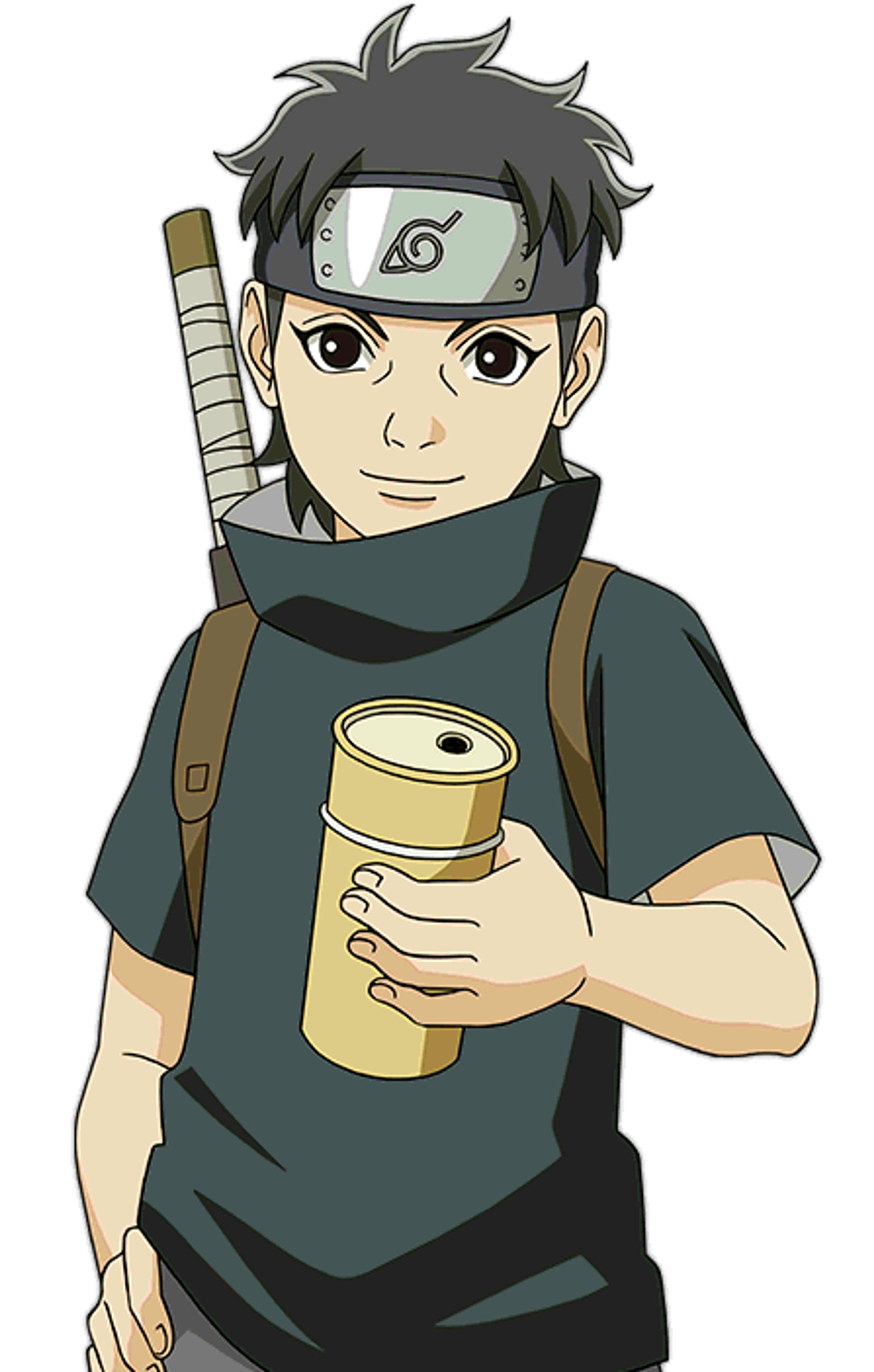 A young male ninja character with dark hair and a leaf headband, holding a metal canister.
