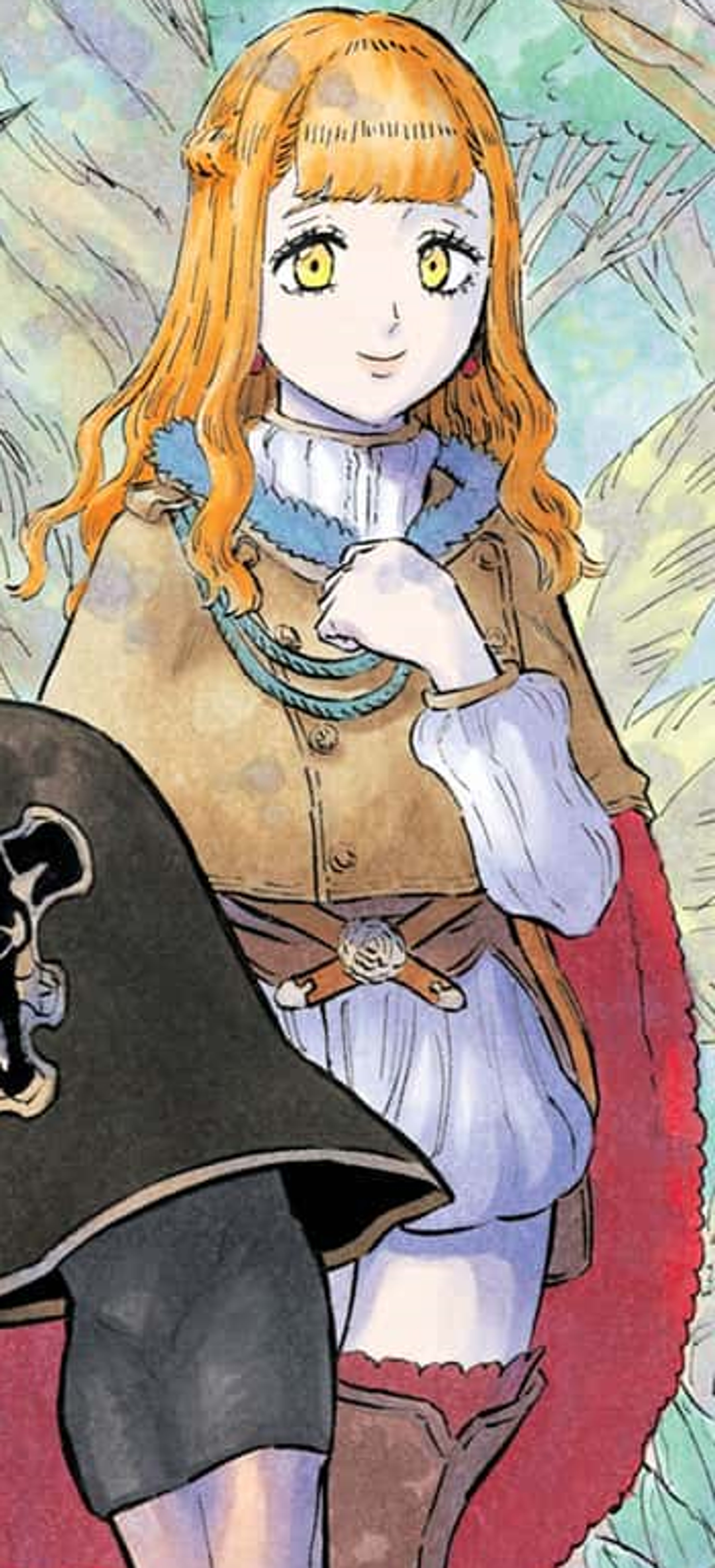 An anime-style illustration of a young female mage character with orange hair and green eyes, wearing a white blouse, red skirt, and black cape.