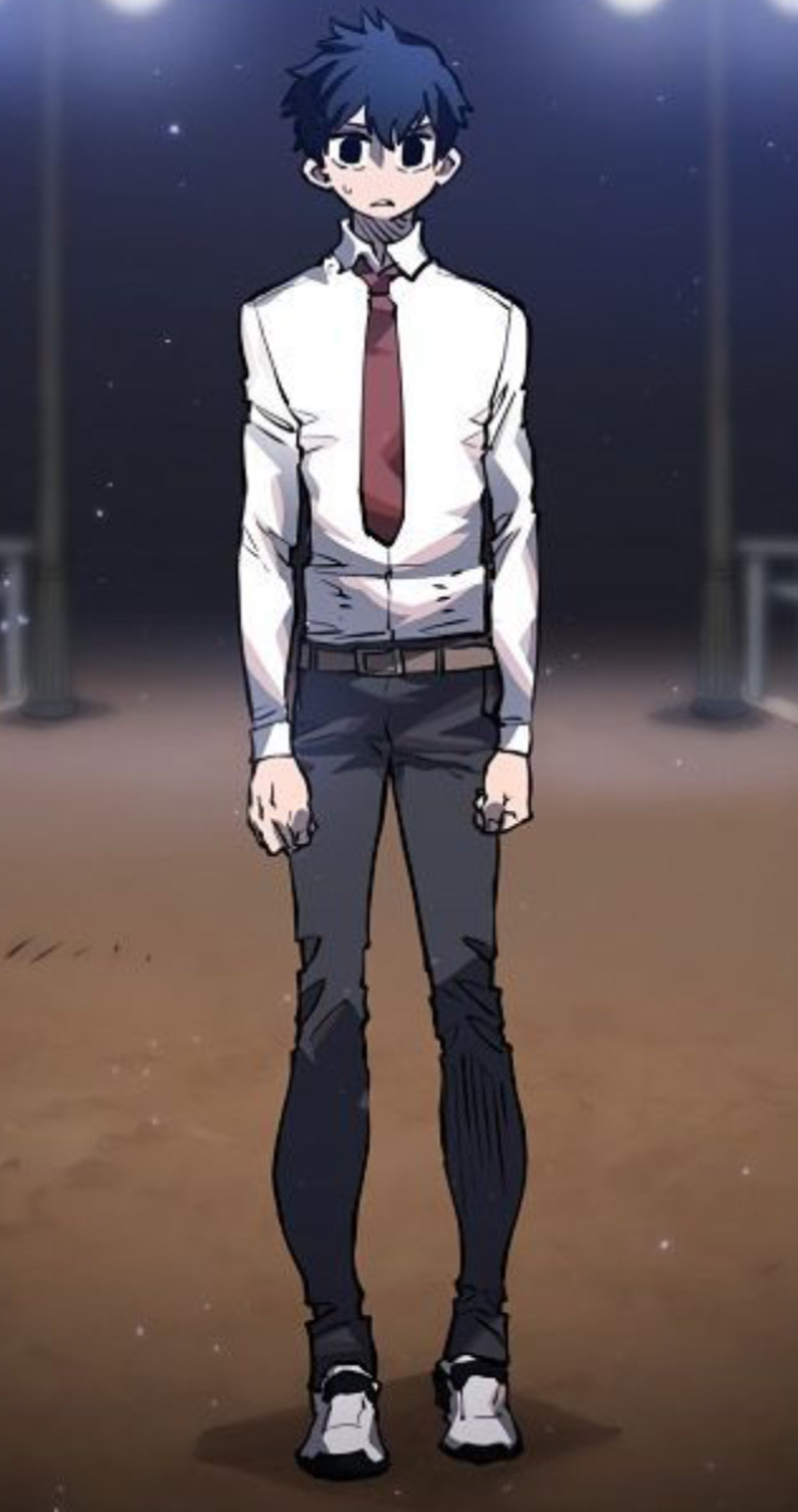 A young man in a white shirt and red tie standing in a dark environment
