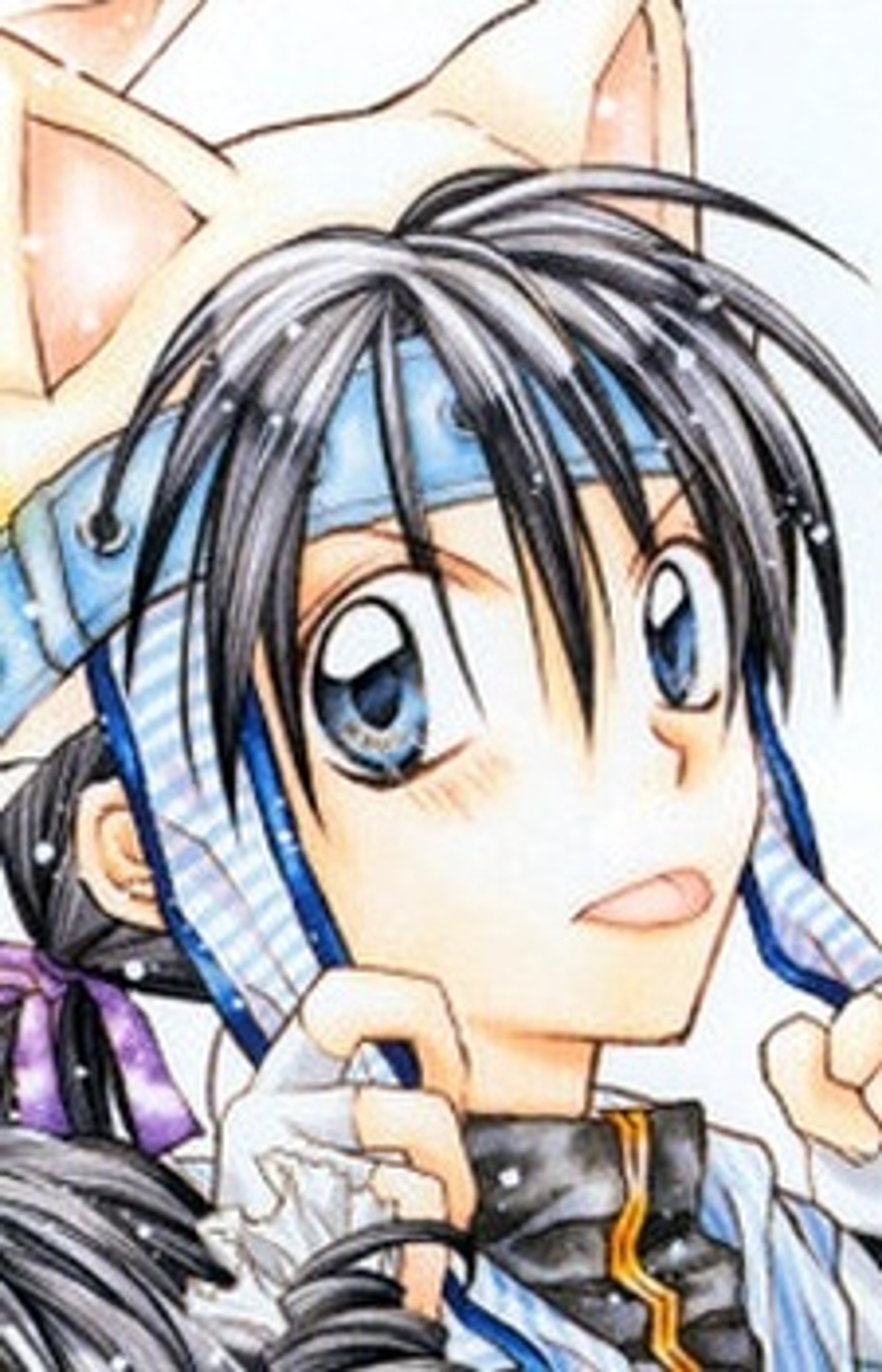 An anime-style character with blue eyes and black hair in a ponytail, wearing casual clothing.