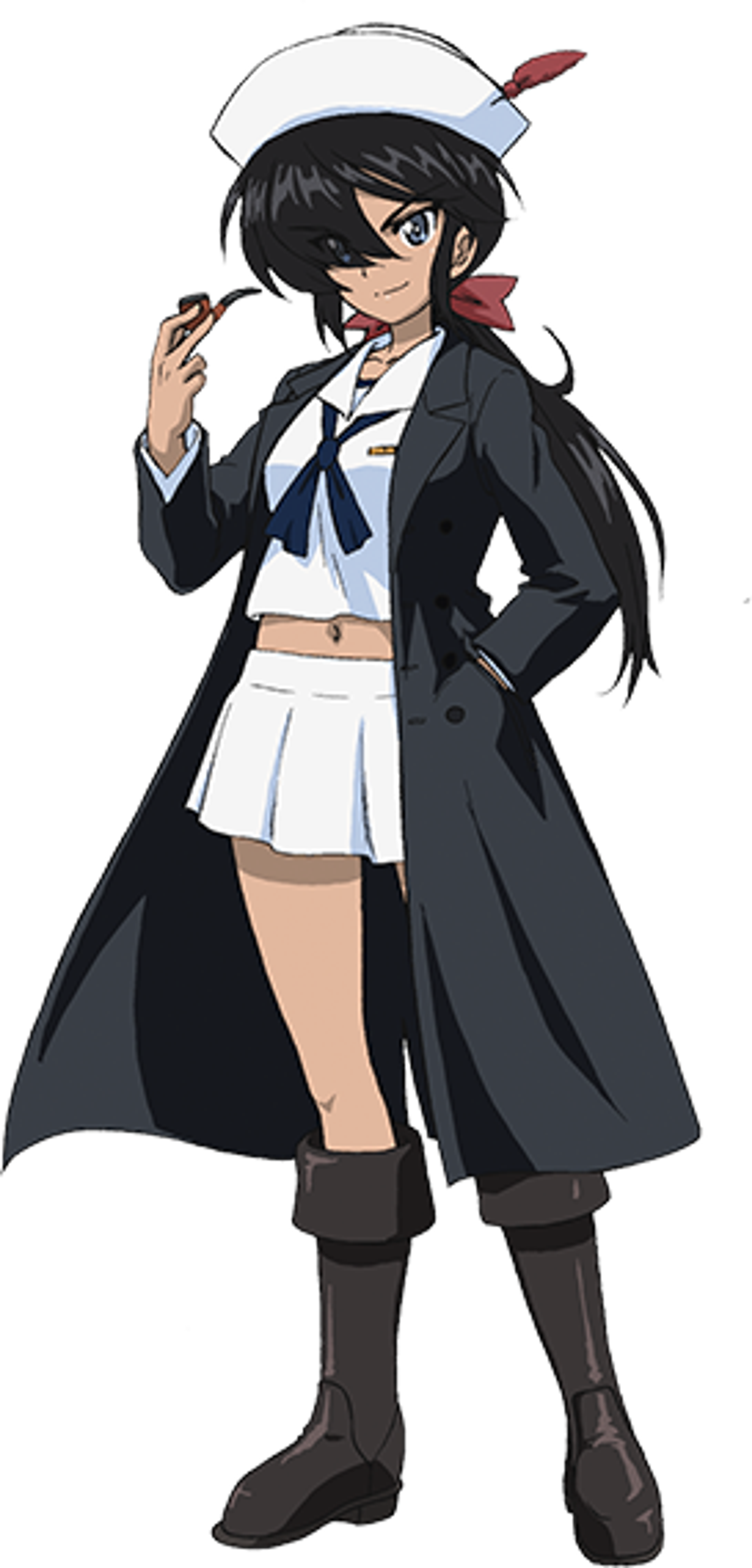 A young woman with a pirate-themed outfit and hairstyle, holding a toy pipe