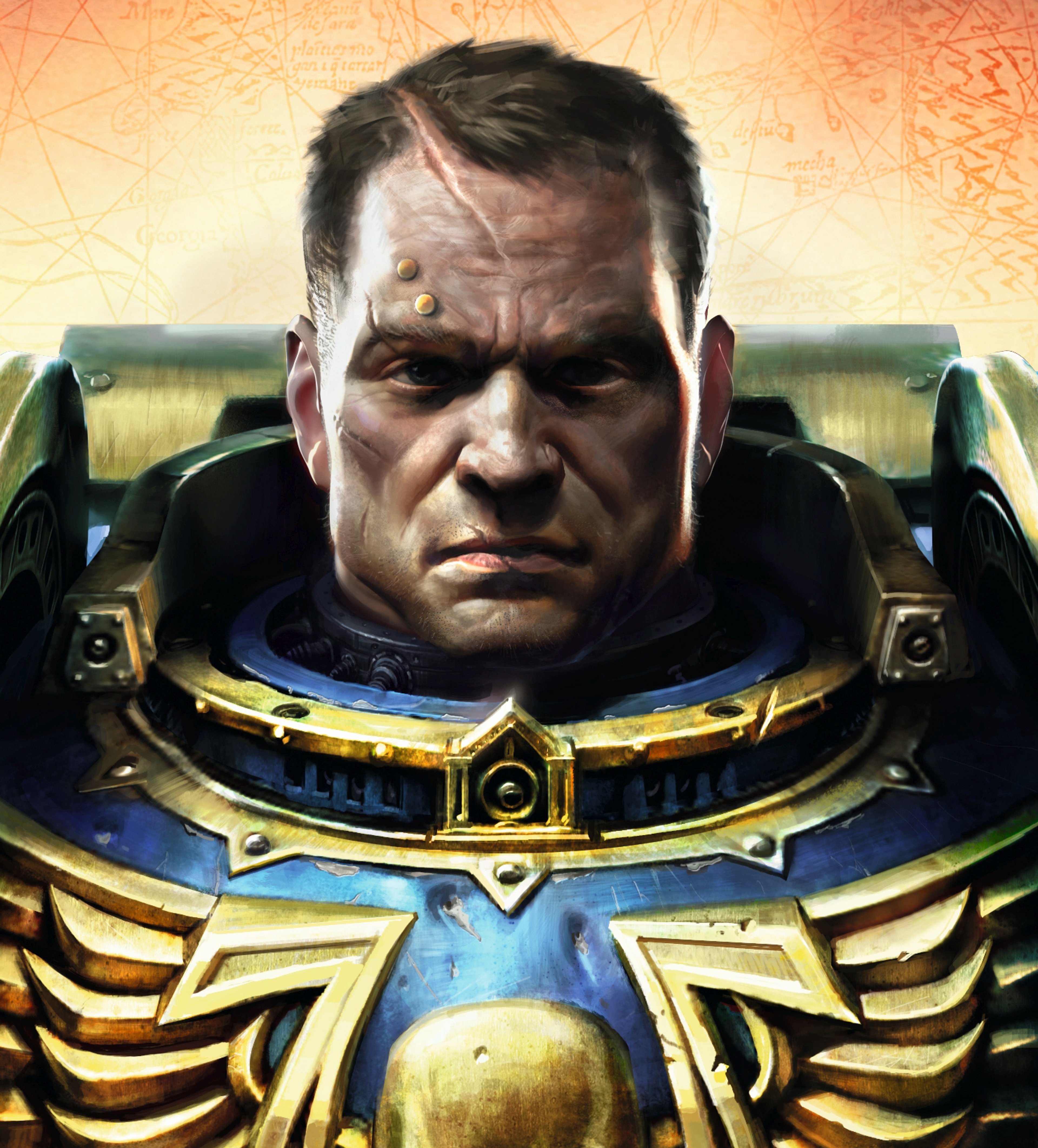 A Space Marine Captain of the Ultramarines Chapter in full battle gear, with a determined expression on his face.