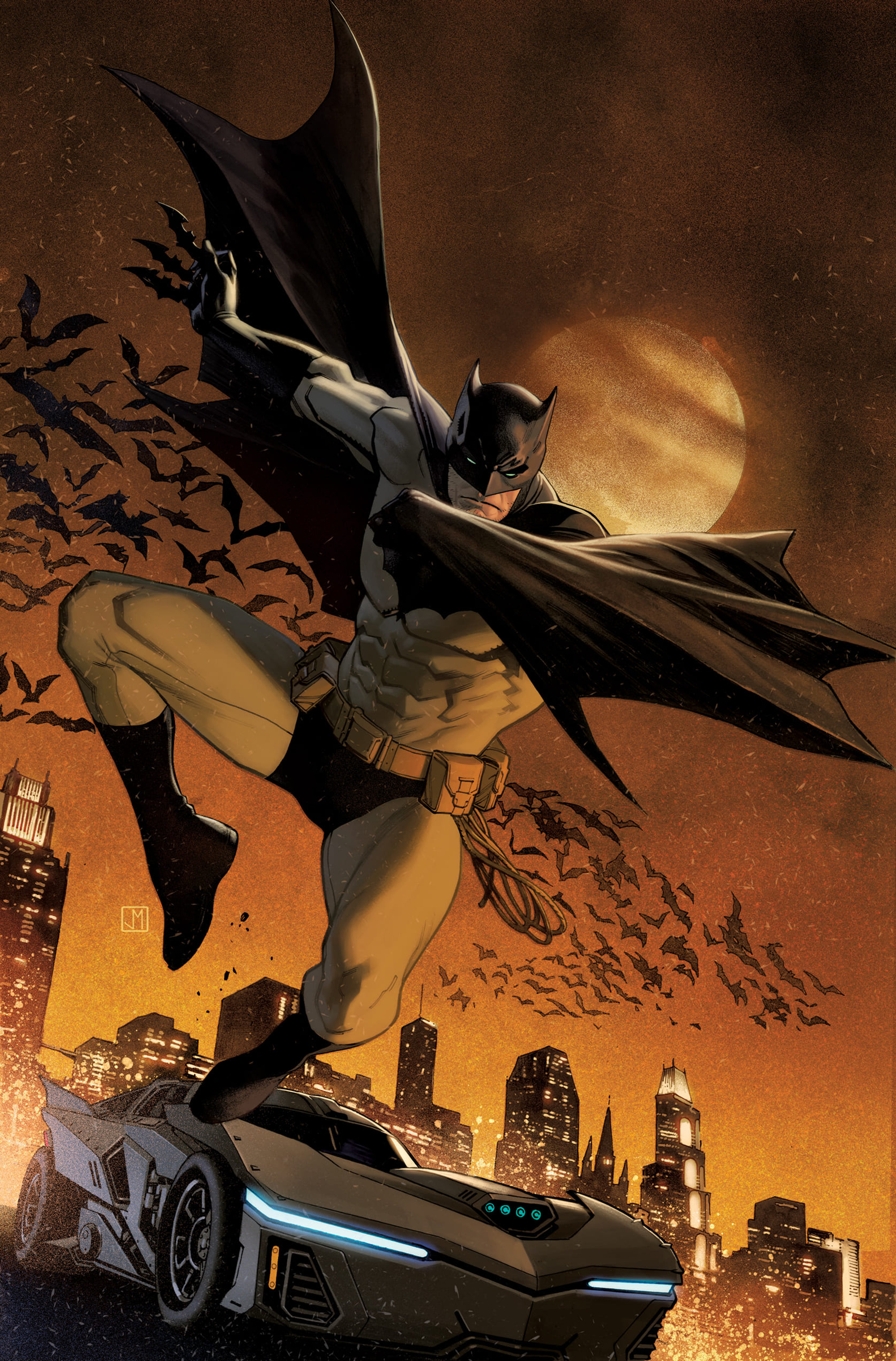 Batman, the iconic DC Comics superhero, in a dramatic action pose against a cityscape backdrop.
