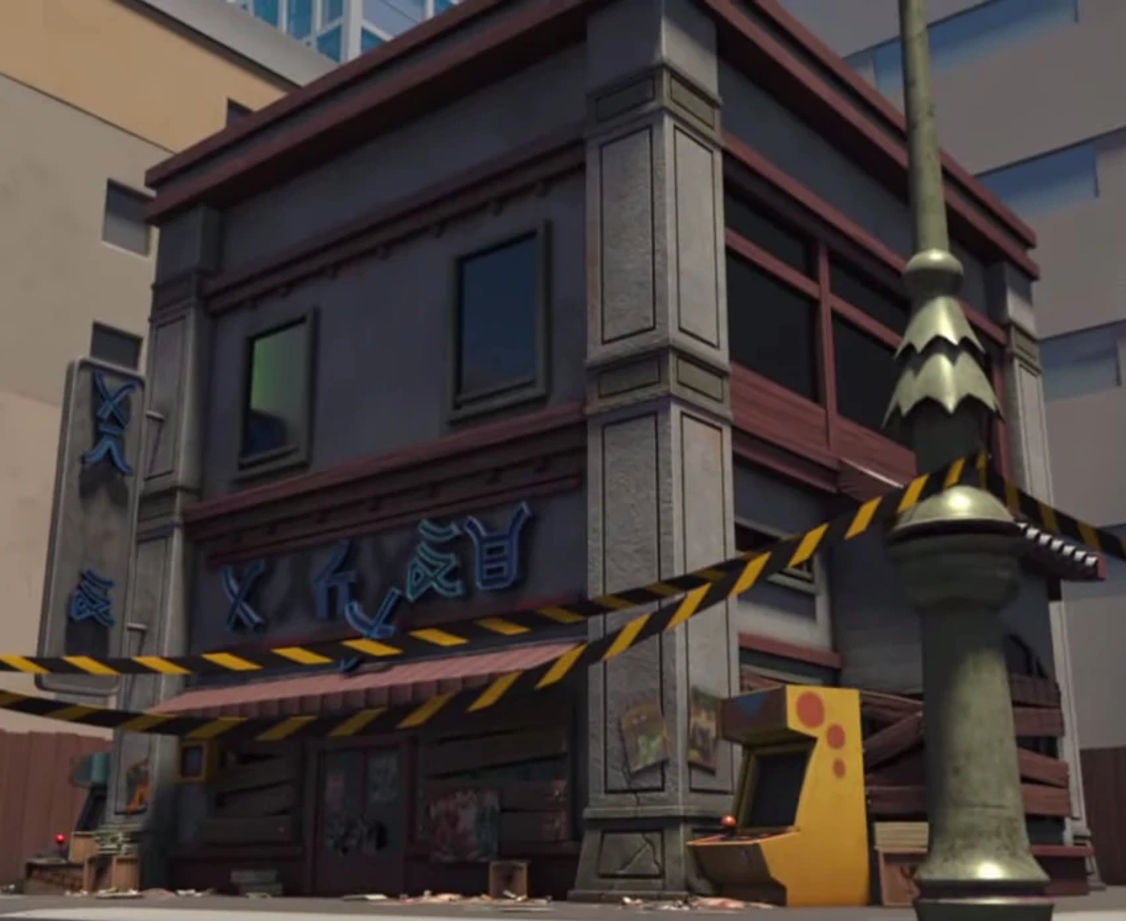 An abandoned arcade building with a technological interior, serving as the headquarters of a villain known as The Mechanic.