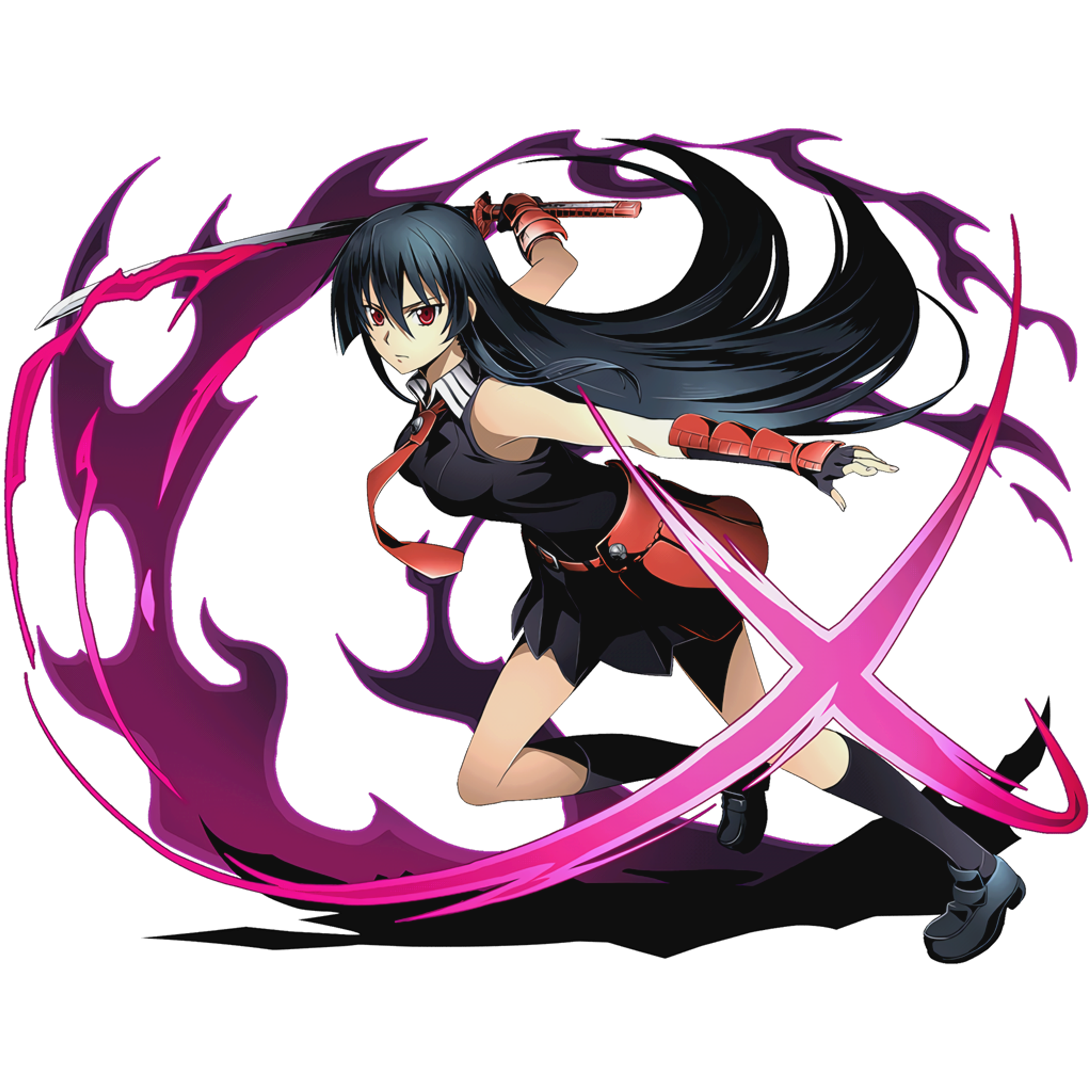 A young woman with long black hair and red eyes, wielding a sword in a fighting stance.