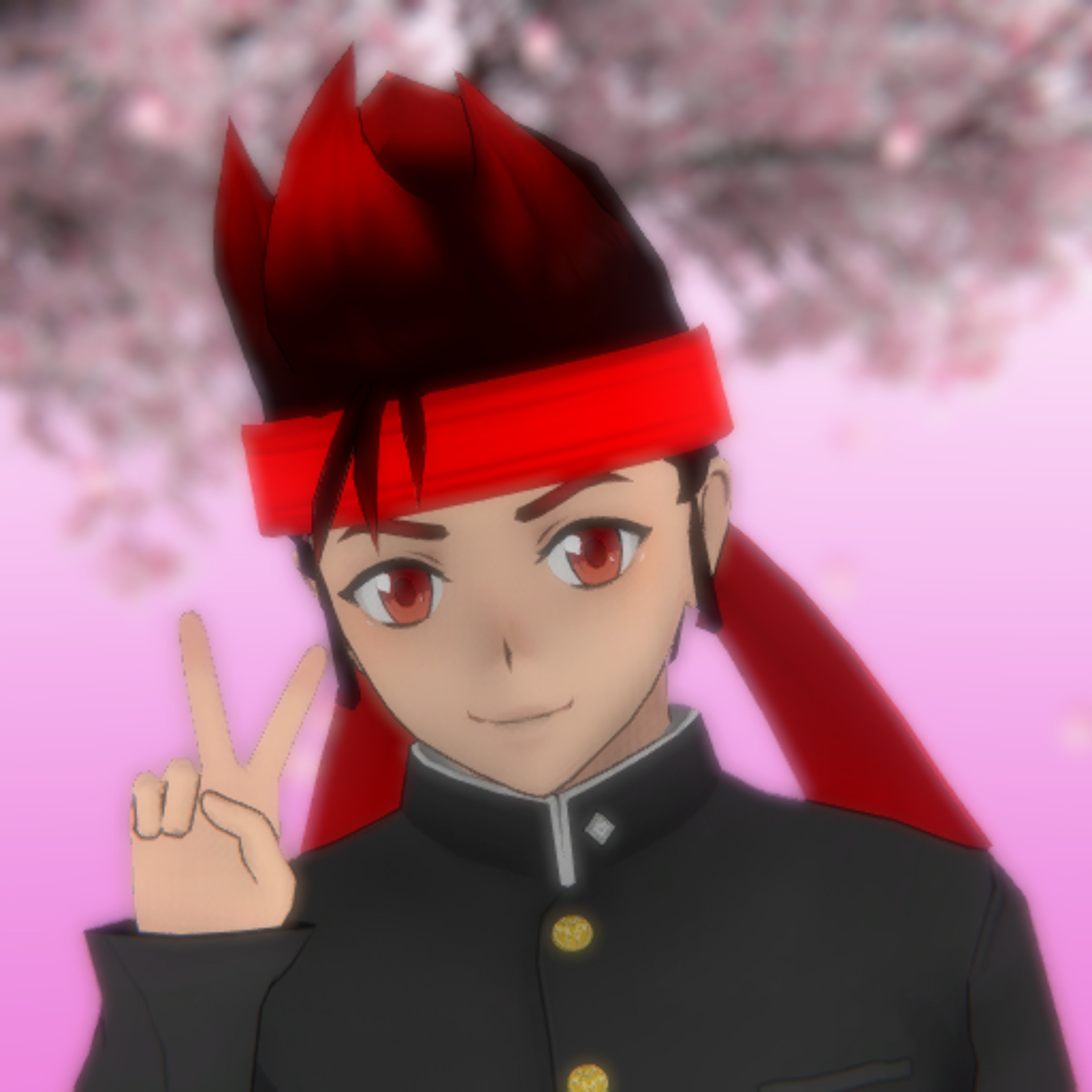 An anime-style character with red-tipped black hair and a red bandana, wearing a school uniform.