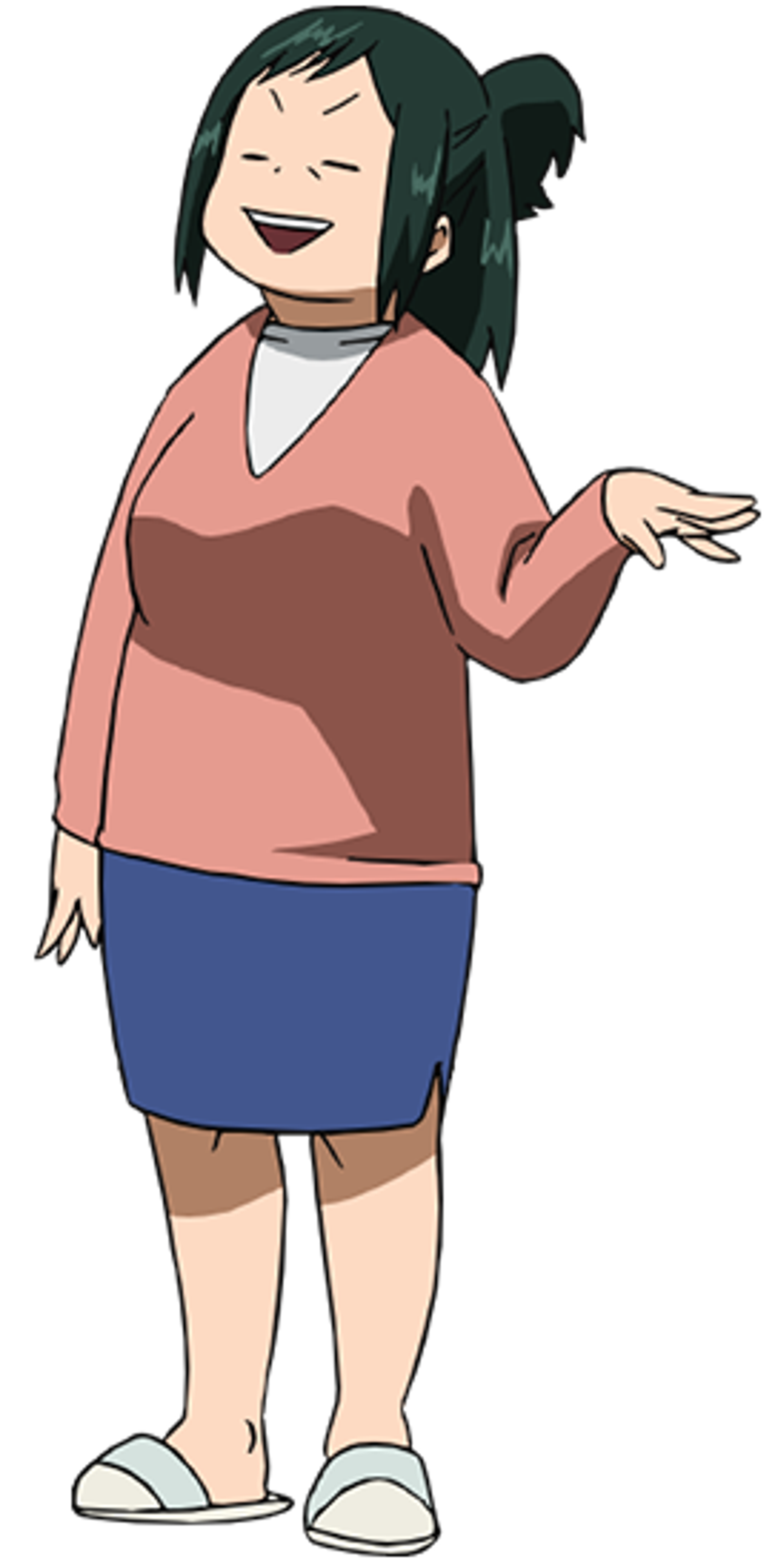 An animated woman with green hair in a ponytail, wearing a pink sweater and blue skirt, smiling.