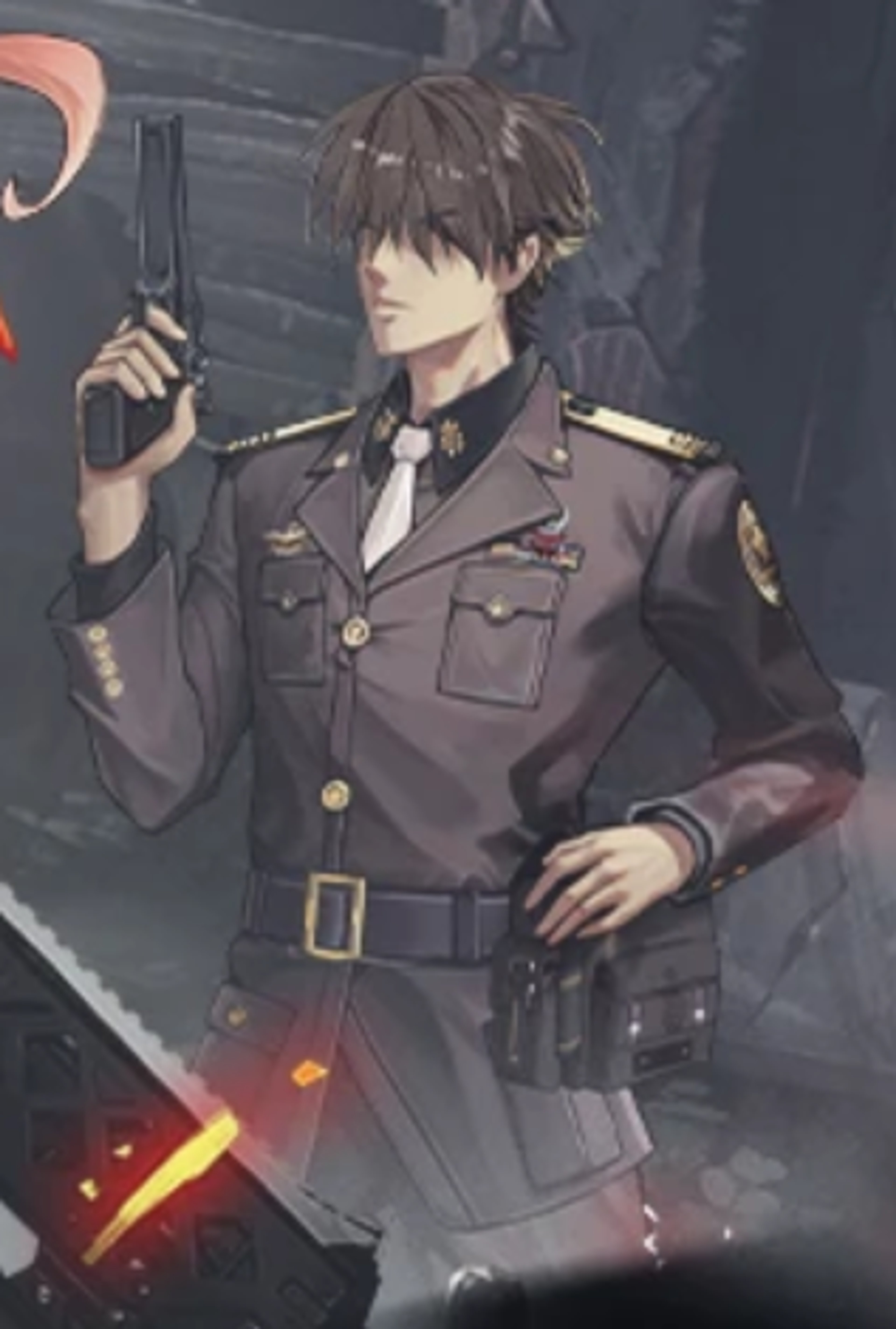 A military commander in a dark uniform holding a weapon