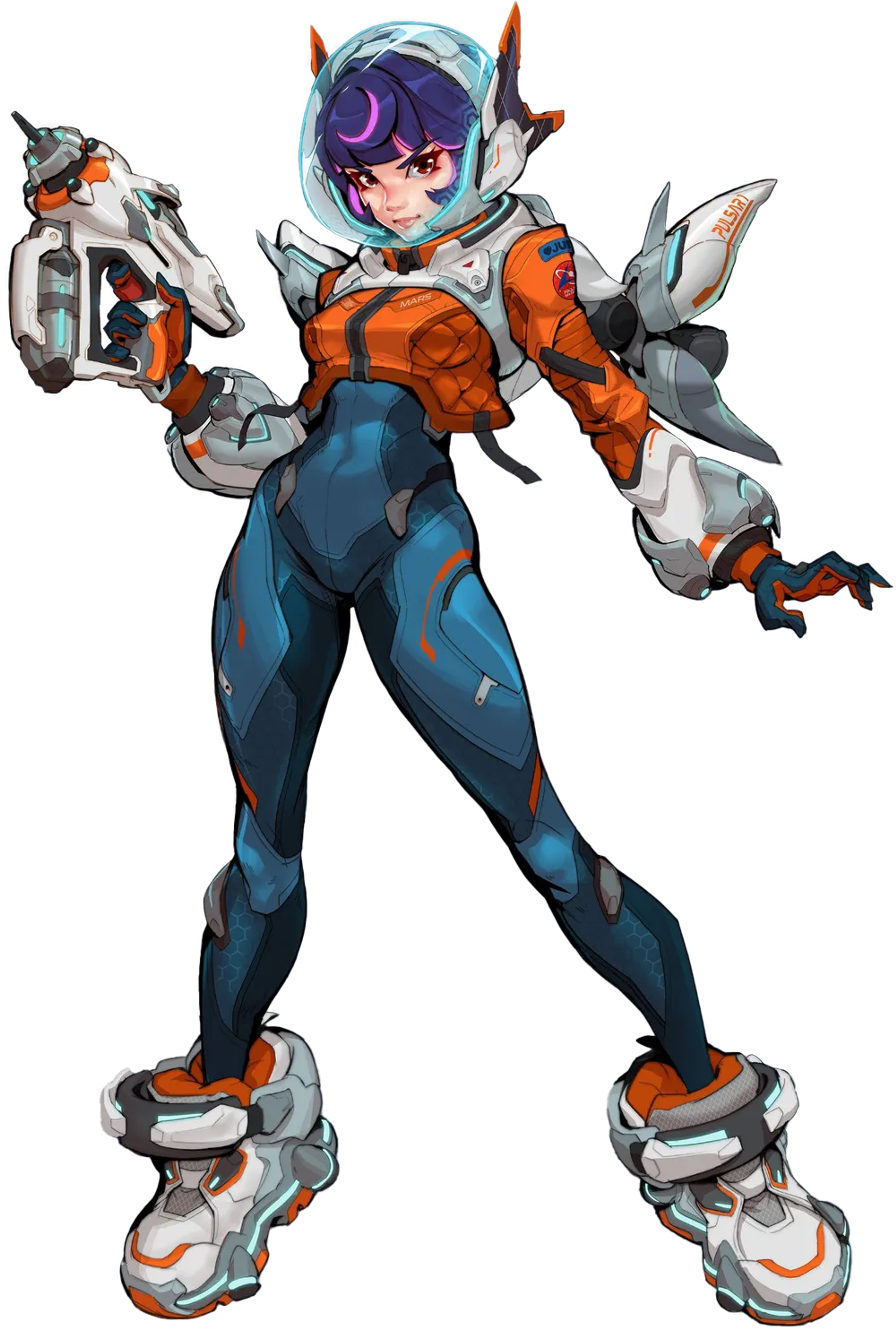 A young woman in a futuristic orange and blue bodysuit, with blue hair and a determined expression, in a combat-ready pose.