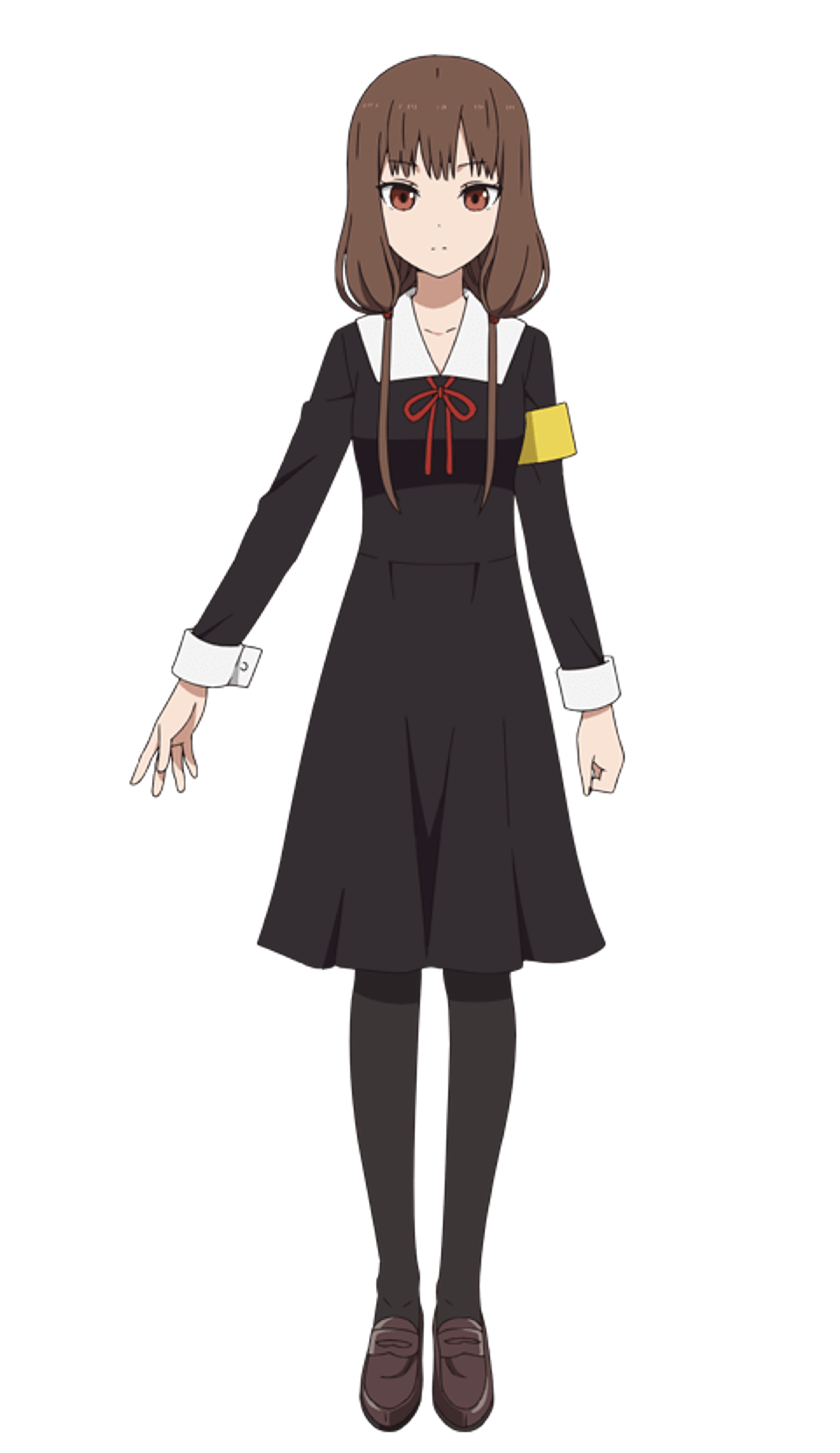 An anime-style character with long brown hair wearing a black dress with a red bow tie