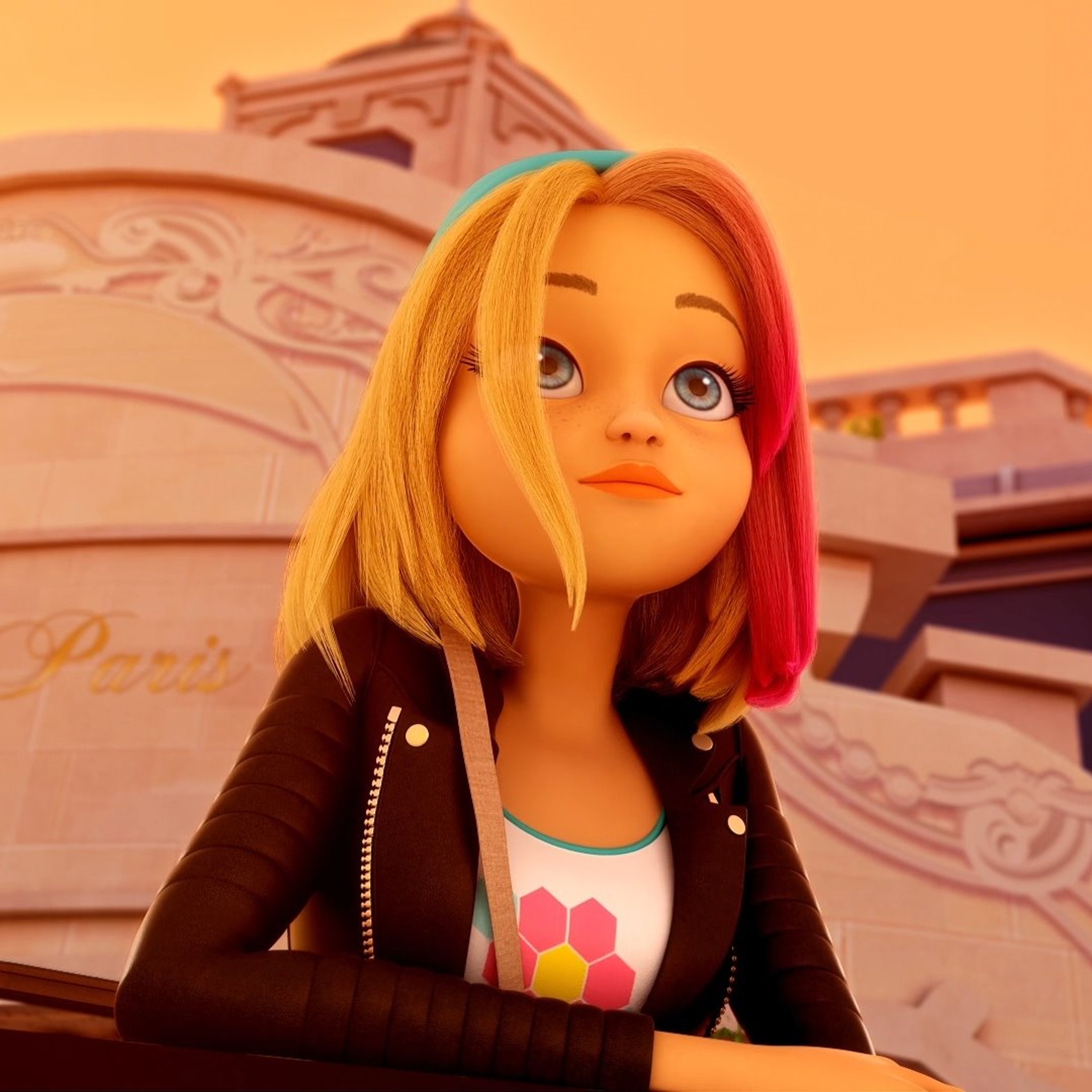 A young woman with vibrant red and orange hair wearing a black leather jacket