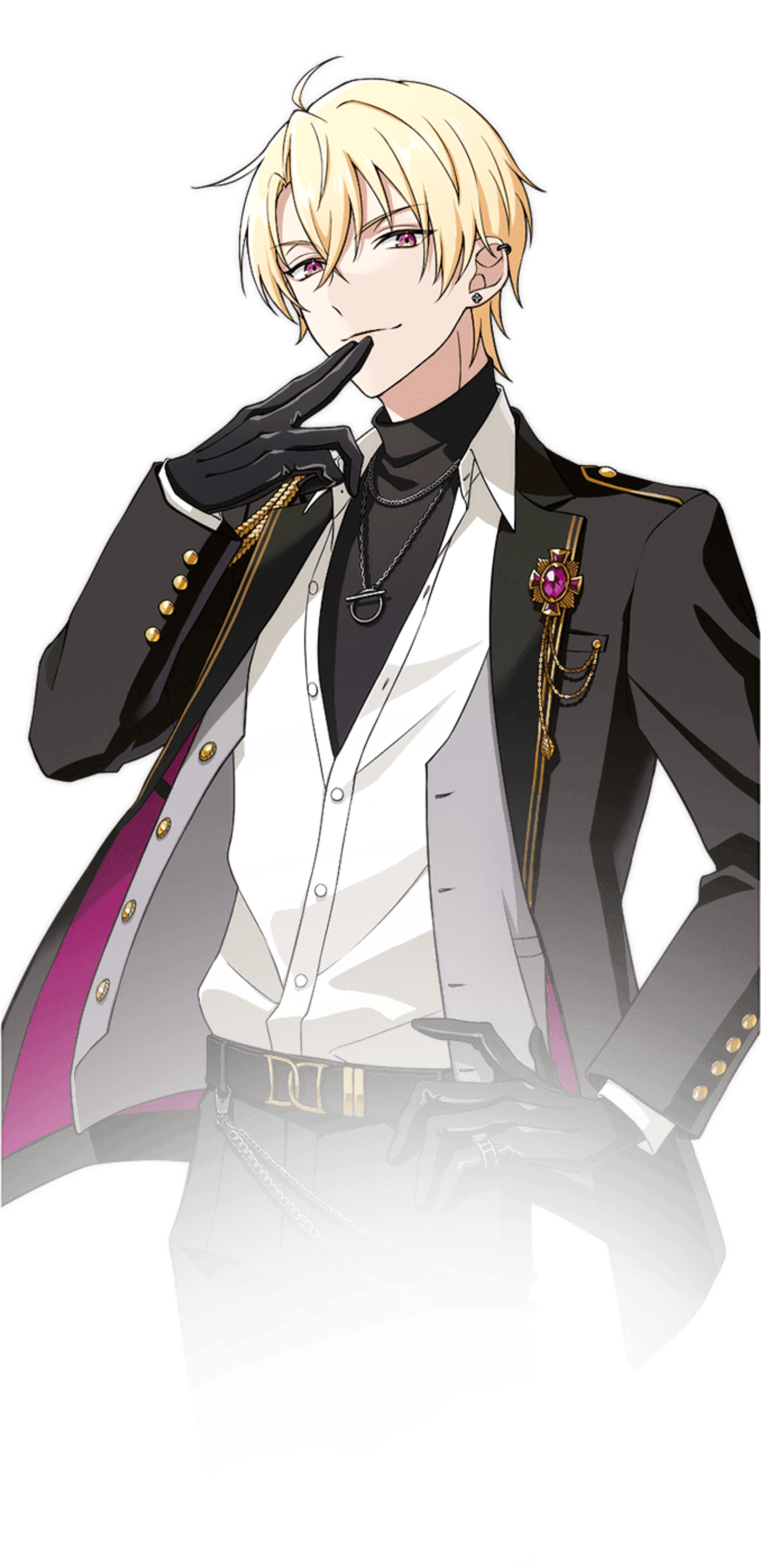 A young man with blonde hair and pale ruby eyes, dressed in a stylish black outfit with piercings.