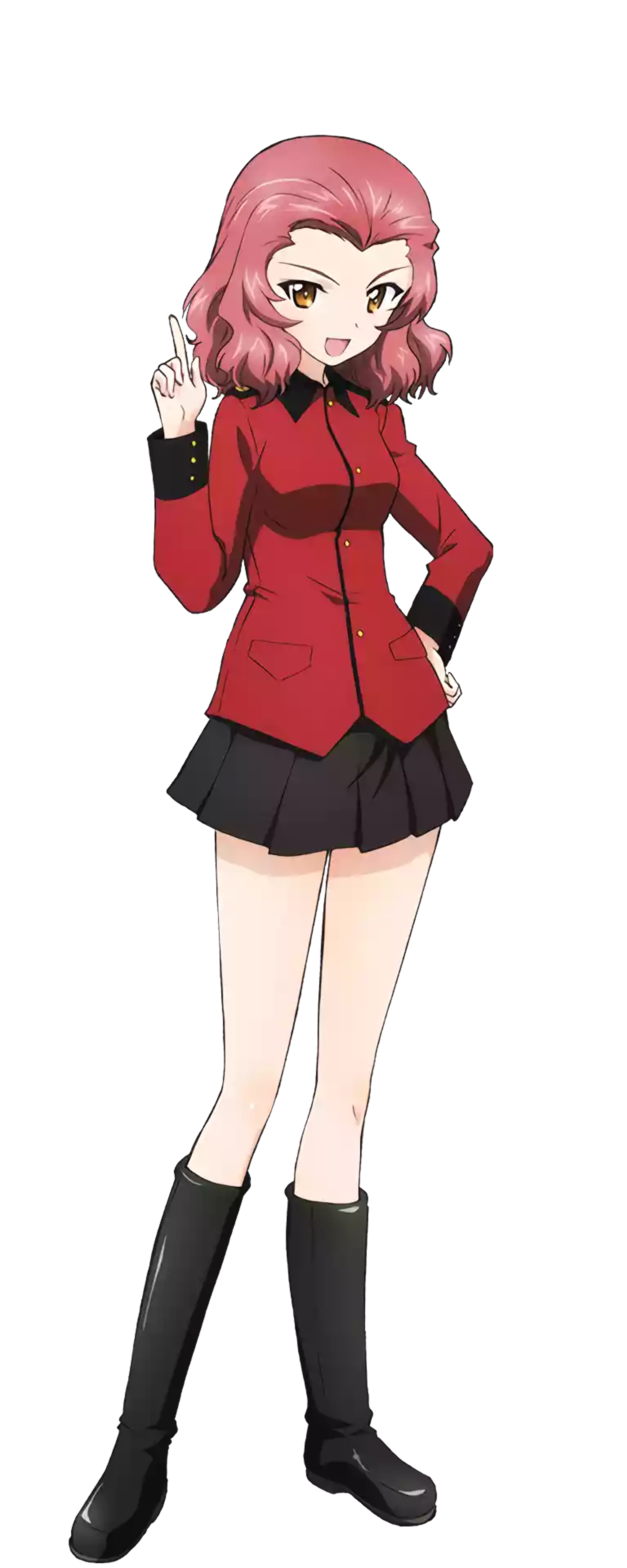 An anime-style character with pink hair and red uniform, striking a confident pose.