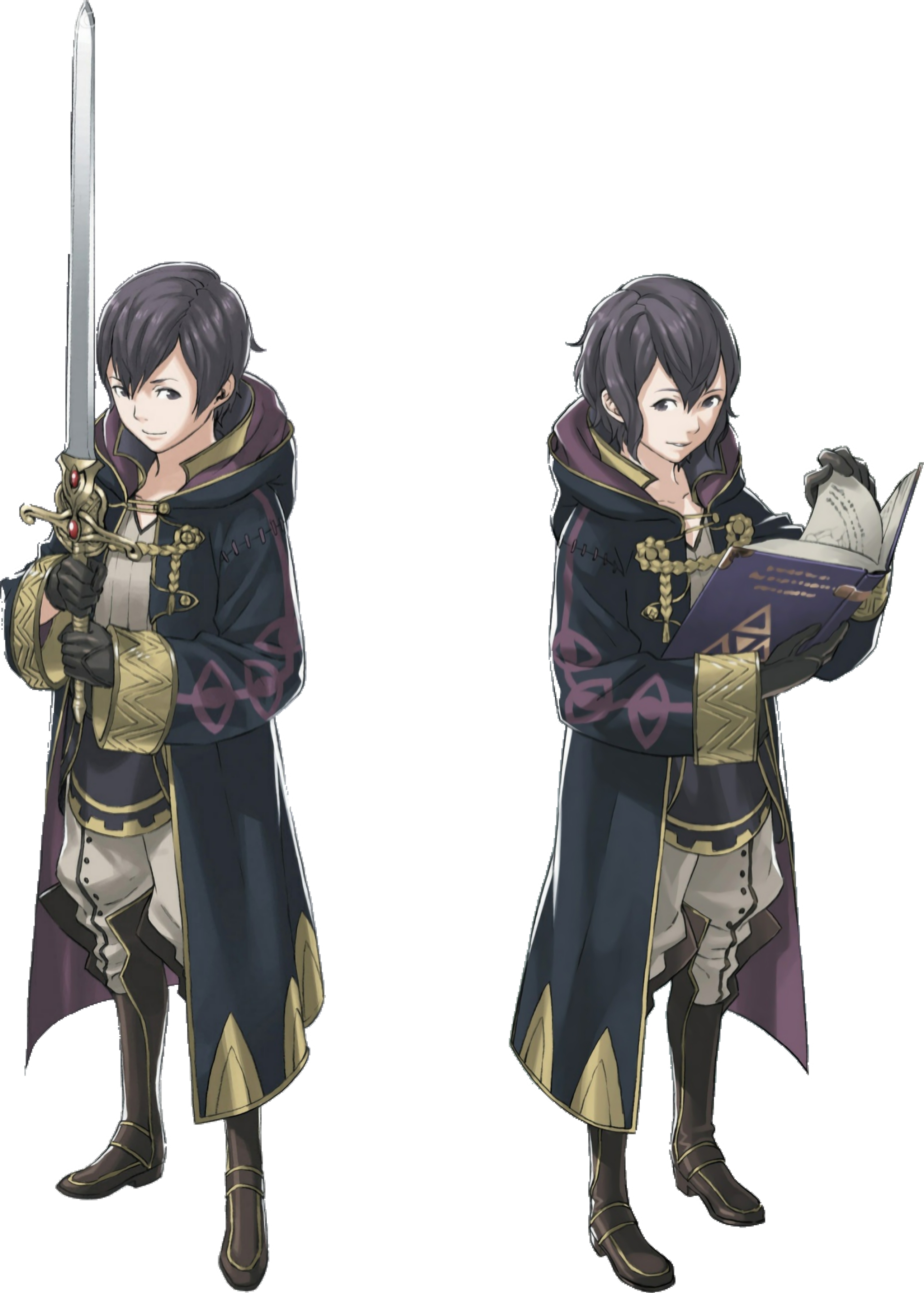 Two anime-style illustrations of a young person in a dark cloak holding a weapon