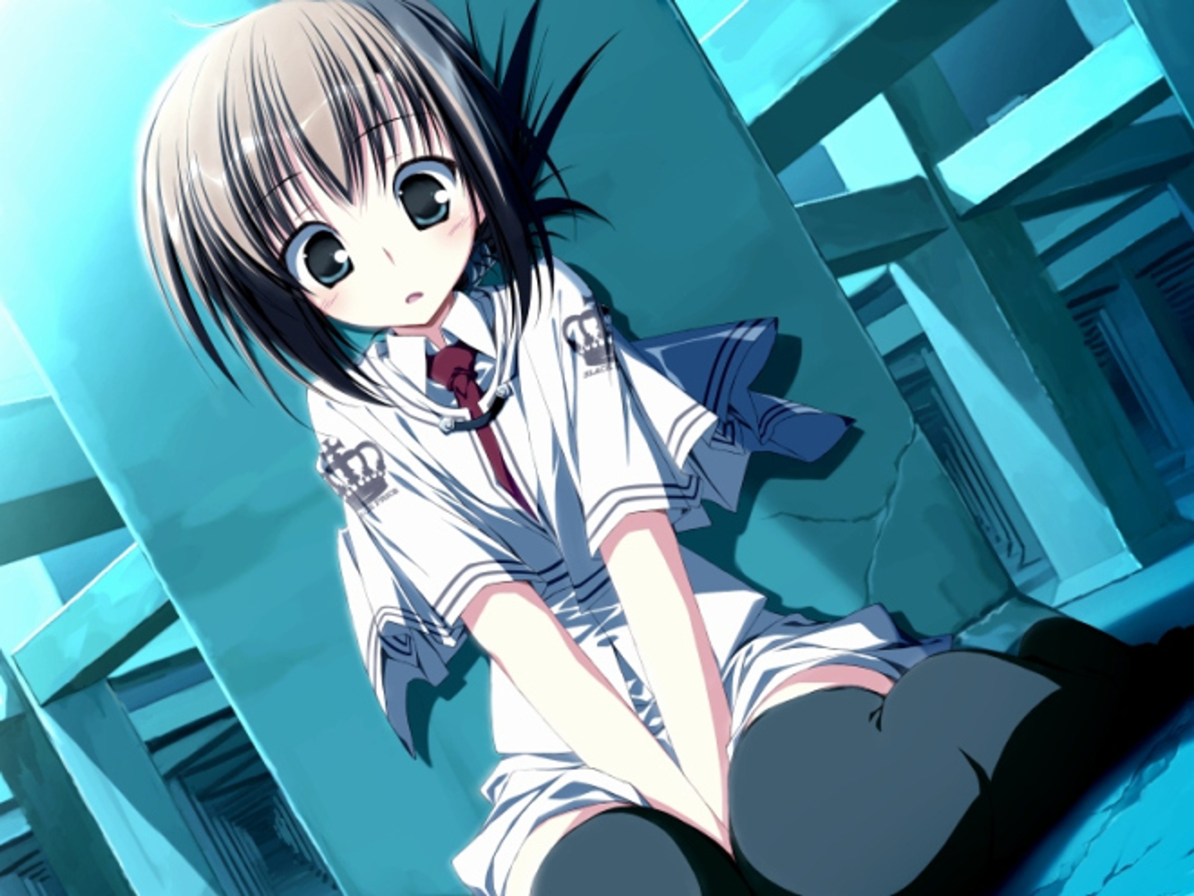 An anime-style character in a school uniform, sitting in a thoughtful pose.