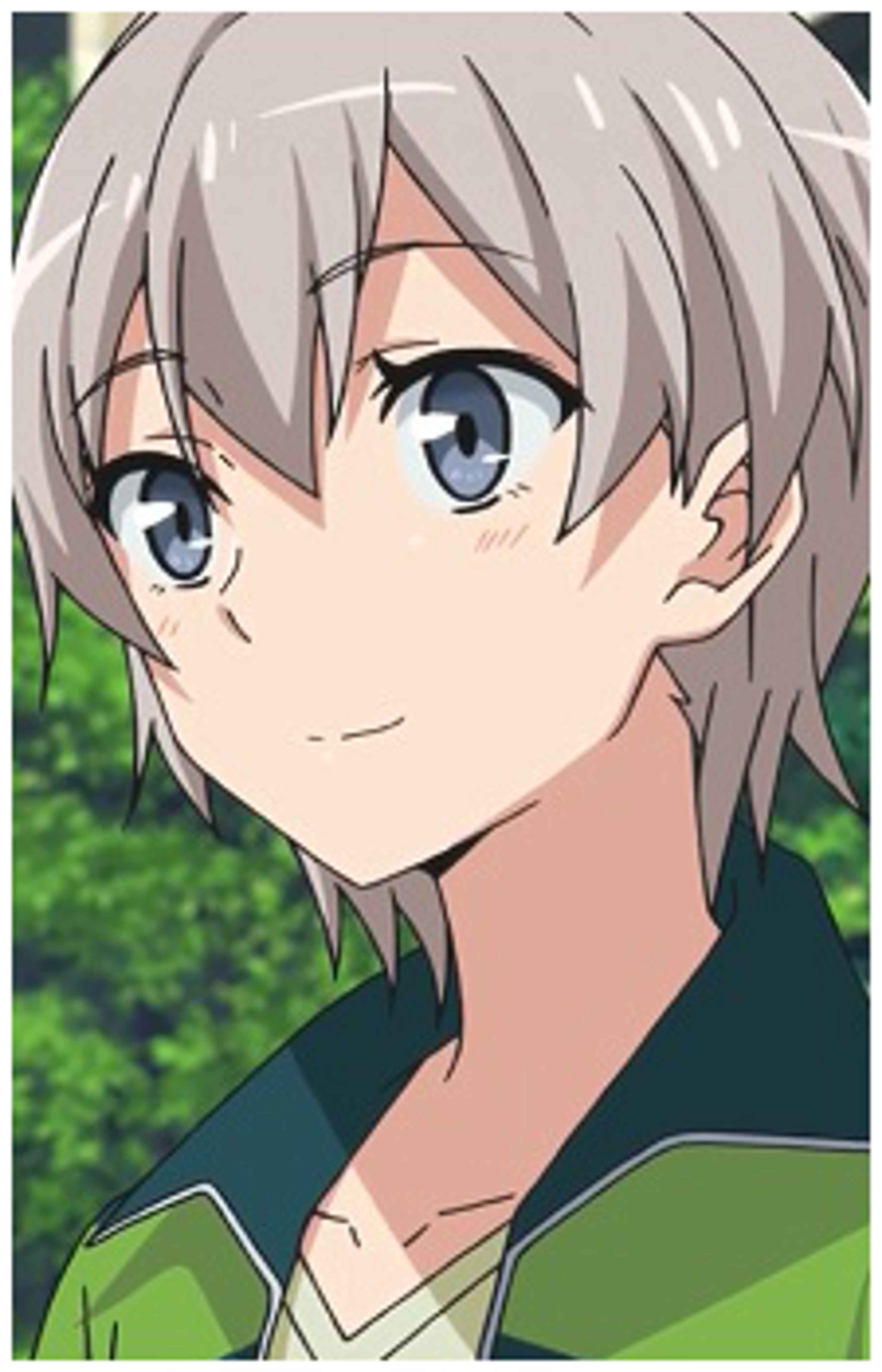 An anime-style character with gray hair and blue eyes wearing a green jacket