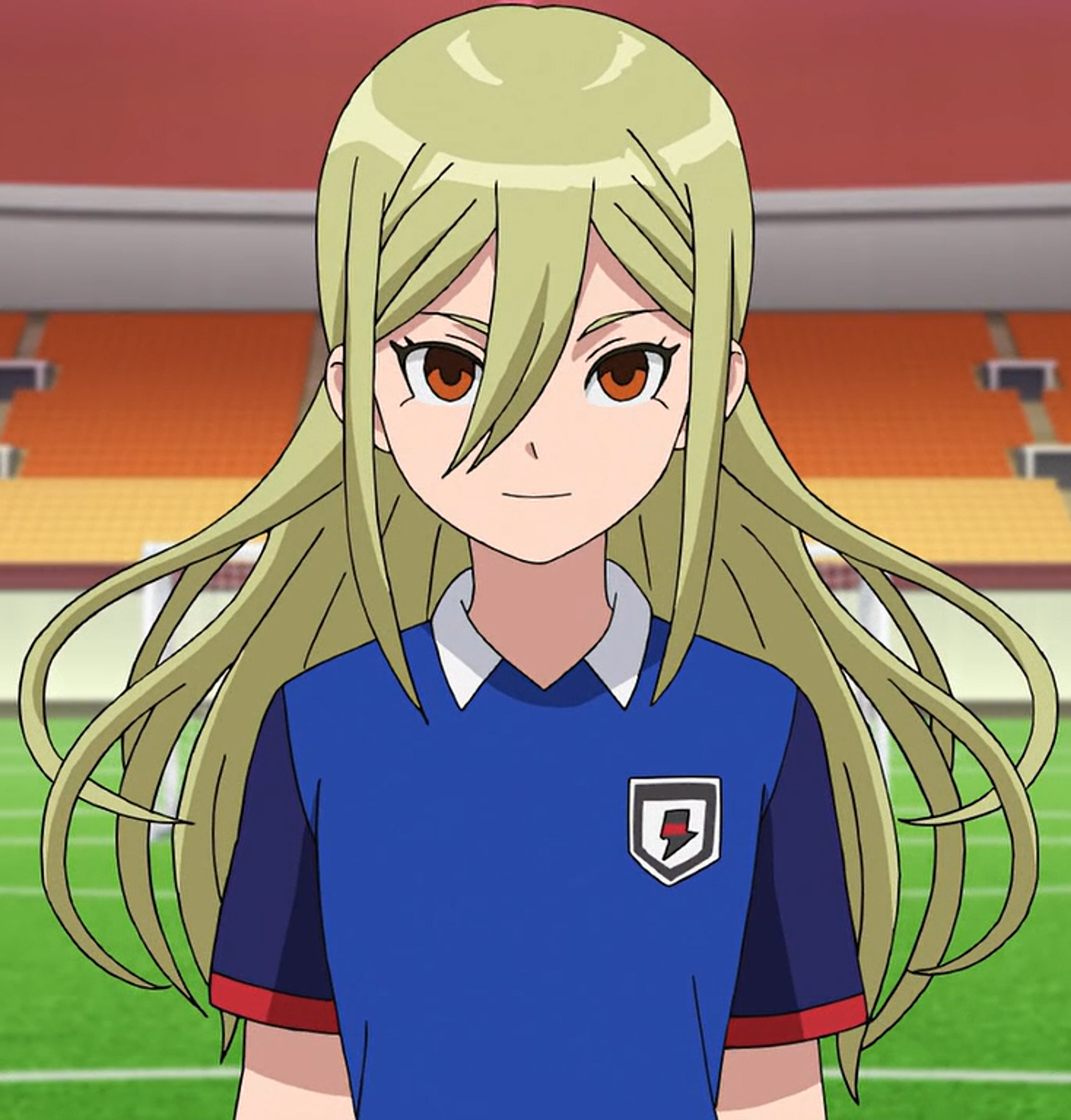 A young woman with long blonde hair and red eyes wearing a soccer uniform