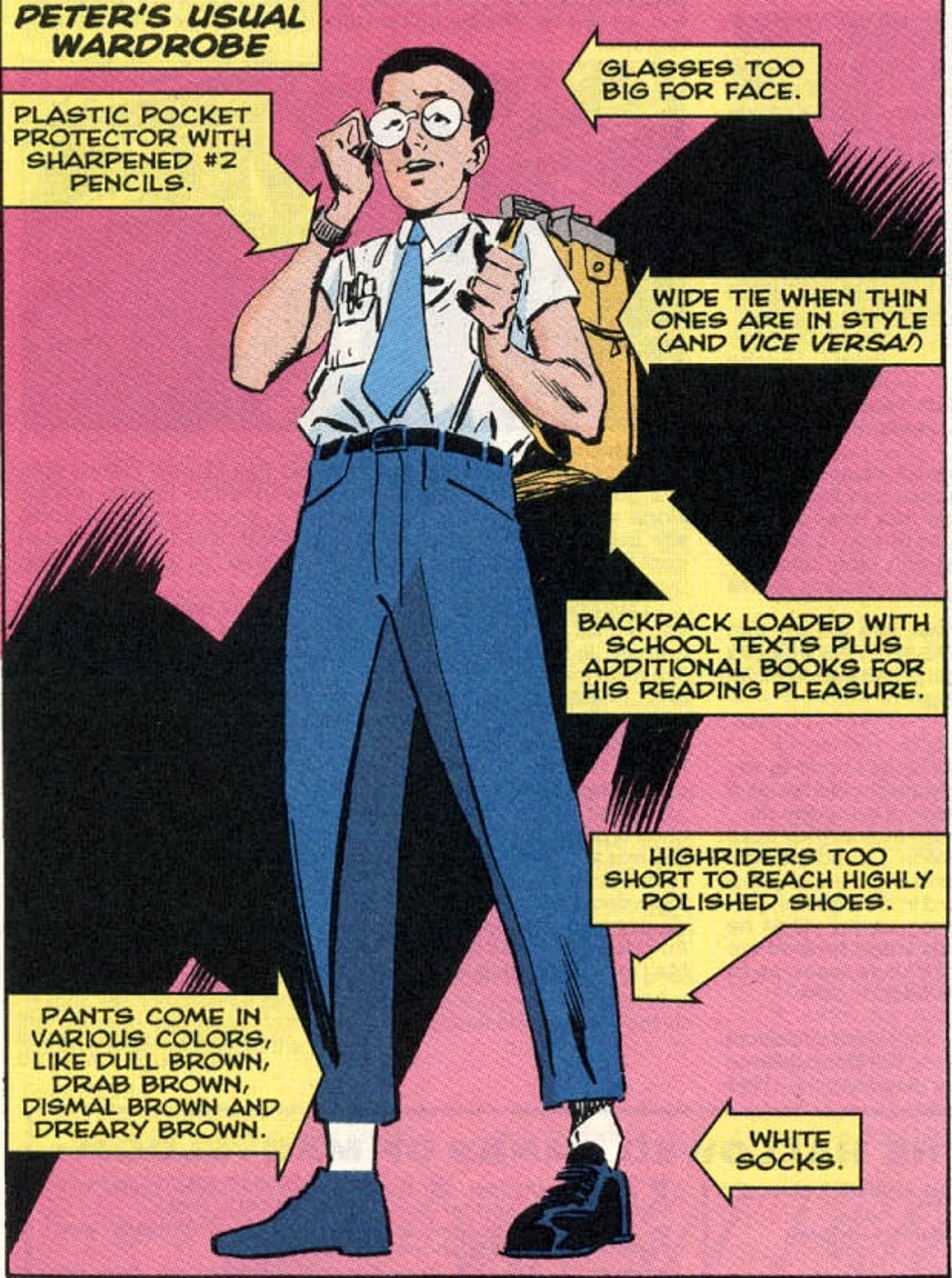 A cartoon character wearing a blue shirt, brown pants, and black shoes, likely the superhero Spider-Man.