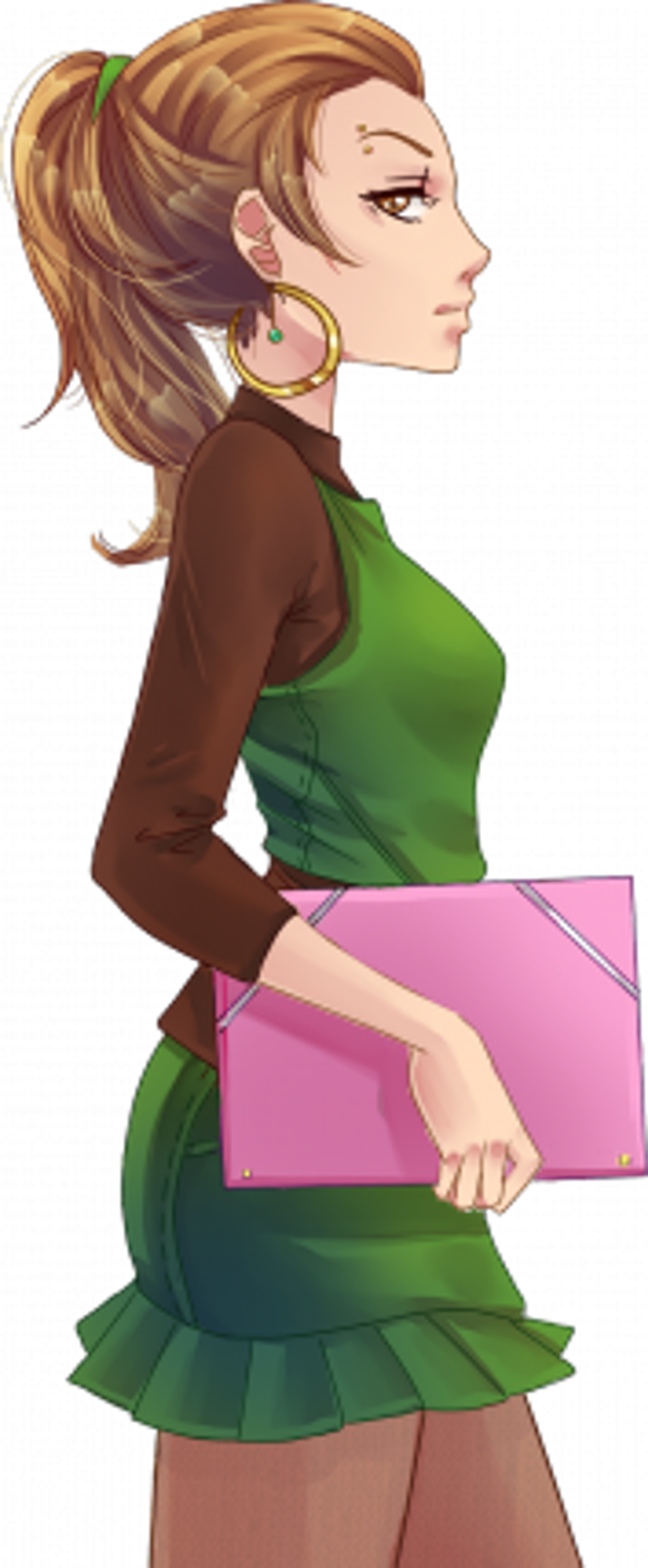 A young woman with light brown hair in a ponytail, wearing a green sweater vest, brown shirt, green skirt, and tan pantyhose, carrying a pink folder.