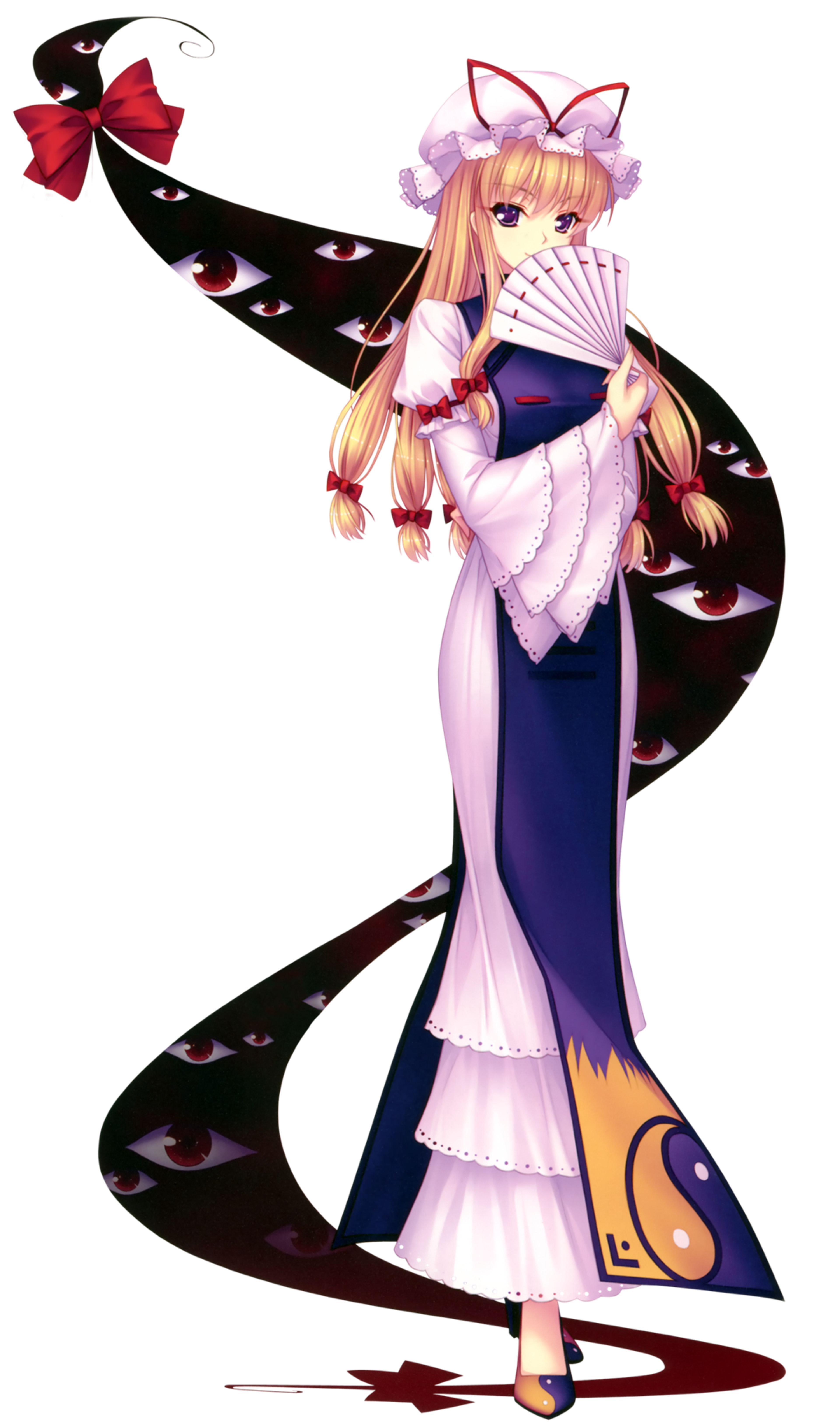 An anime-style character with long blonde hair wearing a pink and white dress and holding a fan.