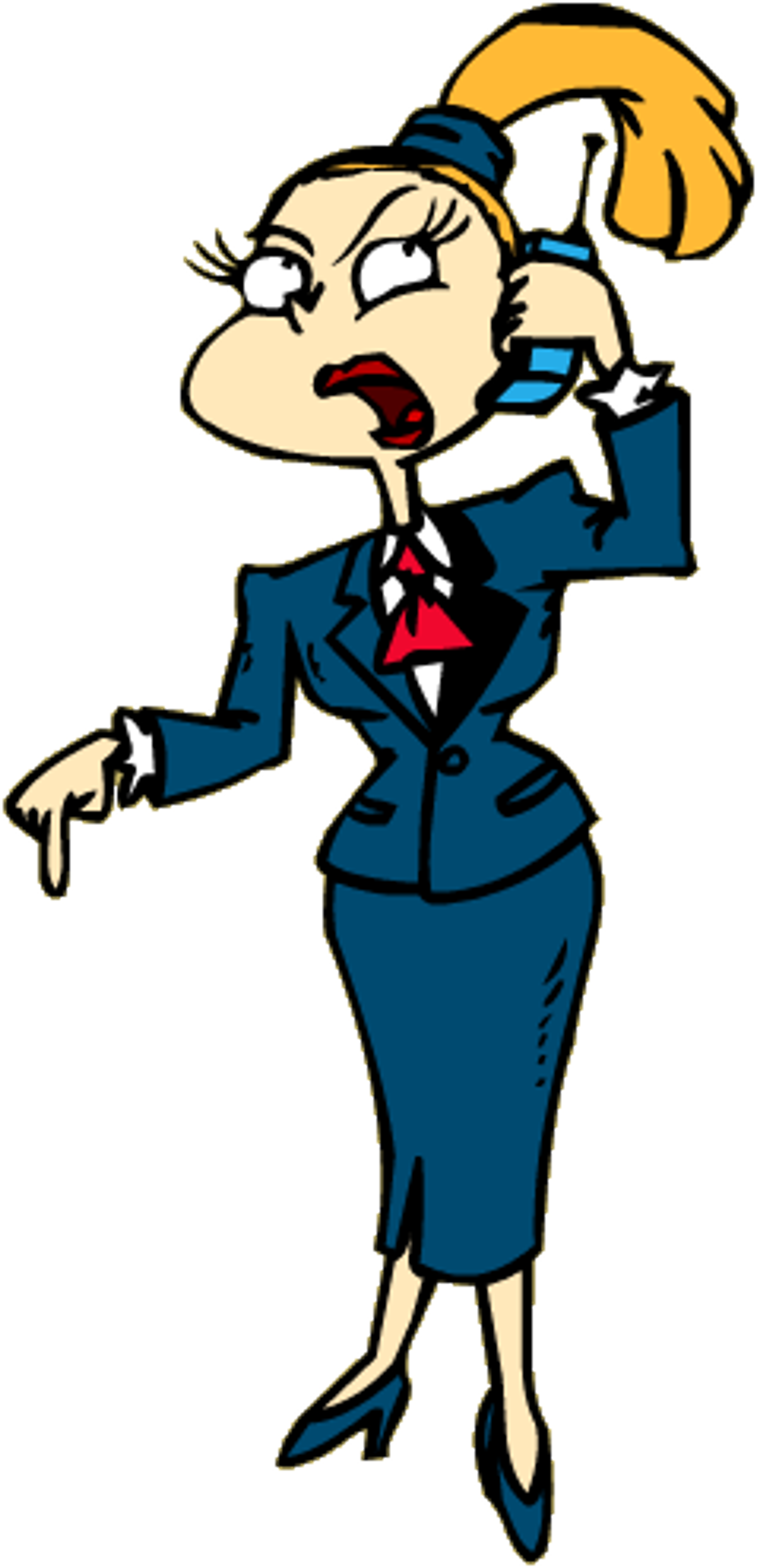 A cartoon woman in a blue business suit with a red bow tie, in an animated, expressive pose.