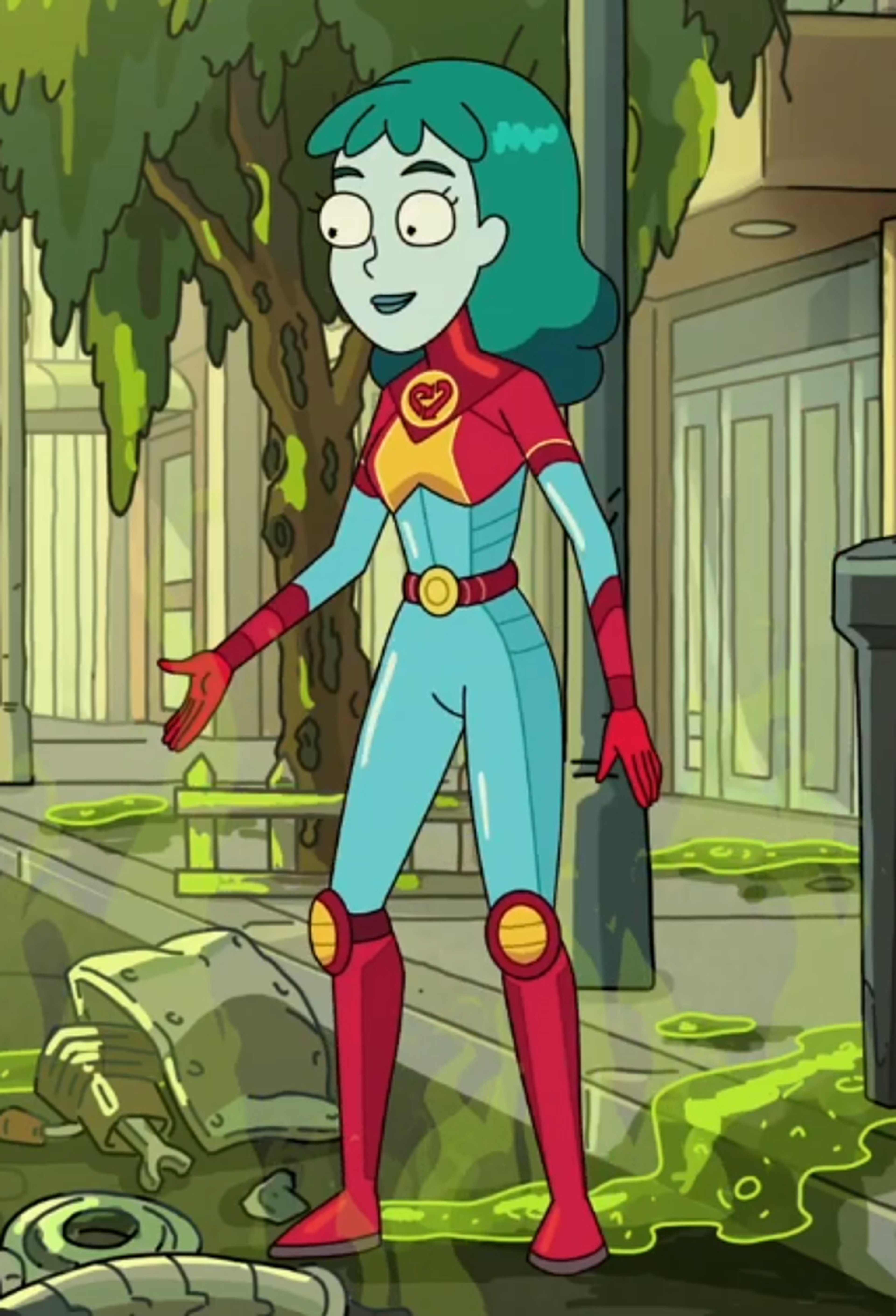 A female superhero character with teal hair and a red and blue costume standing in a natural outdoor setting