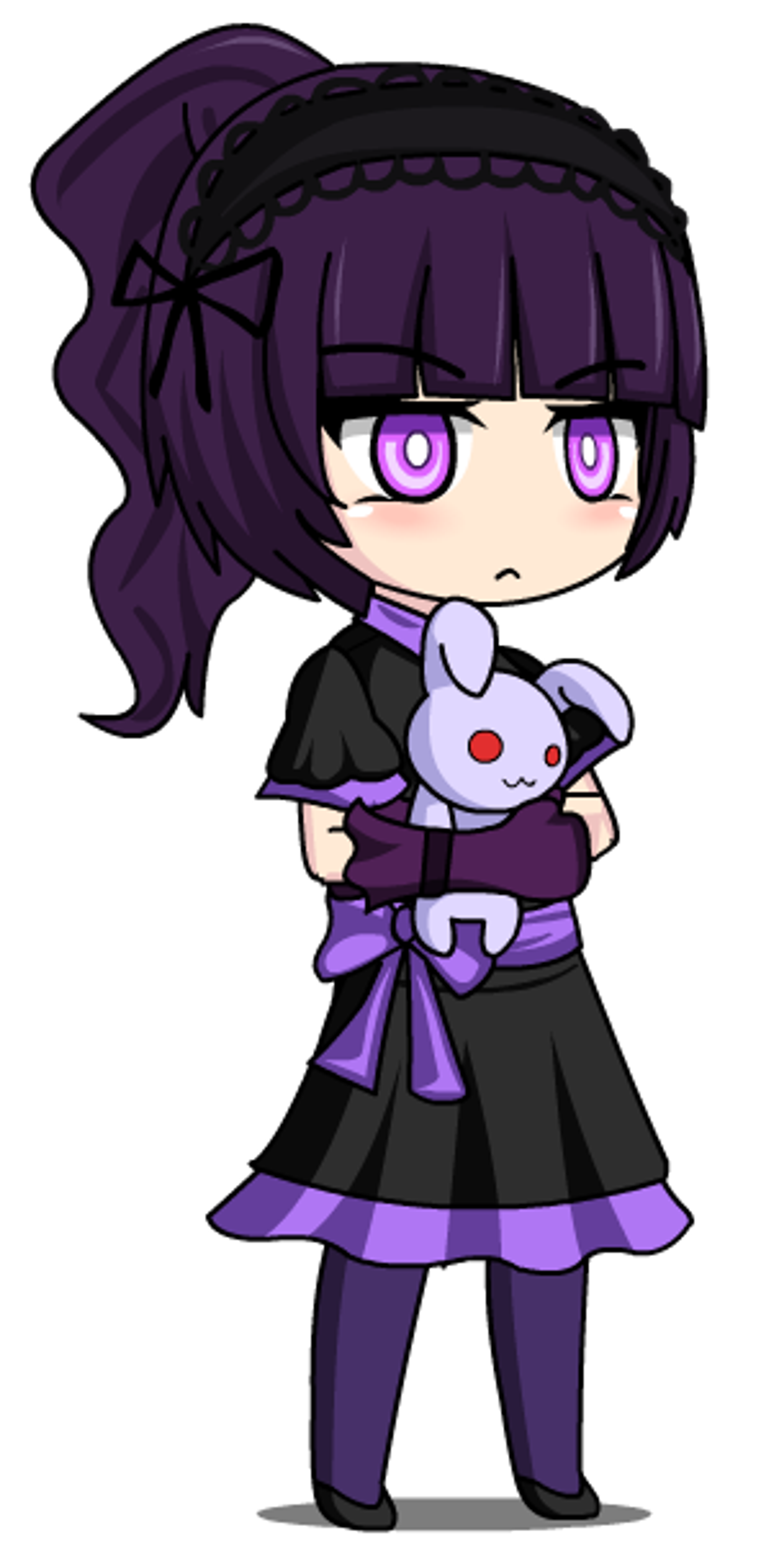 A young Gothic Lolita-styled girl with dark powers and a plush toy companion