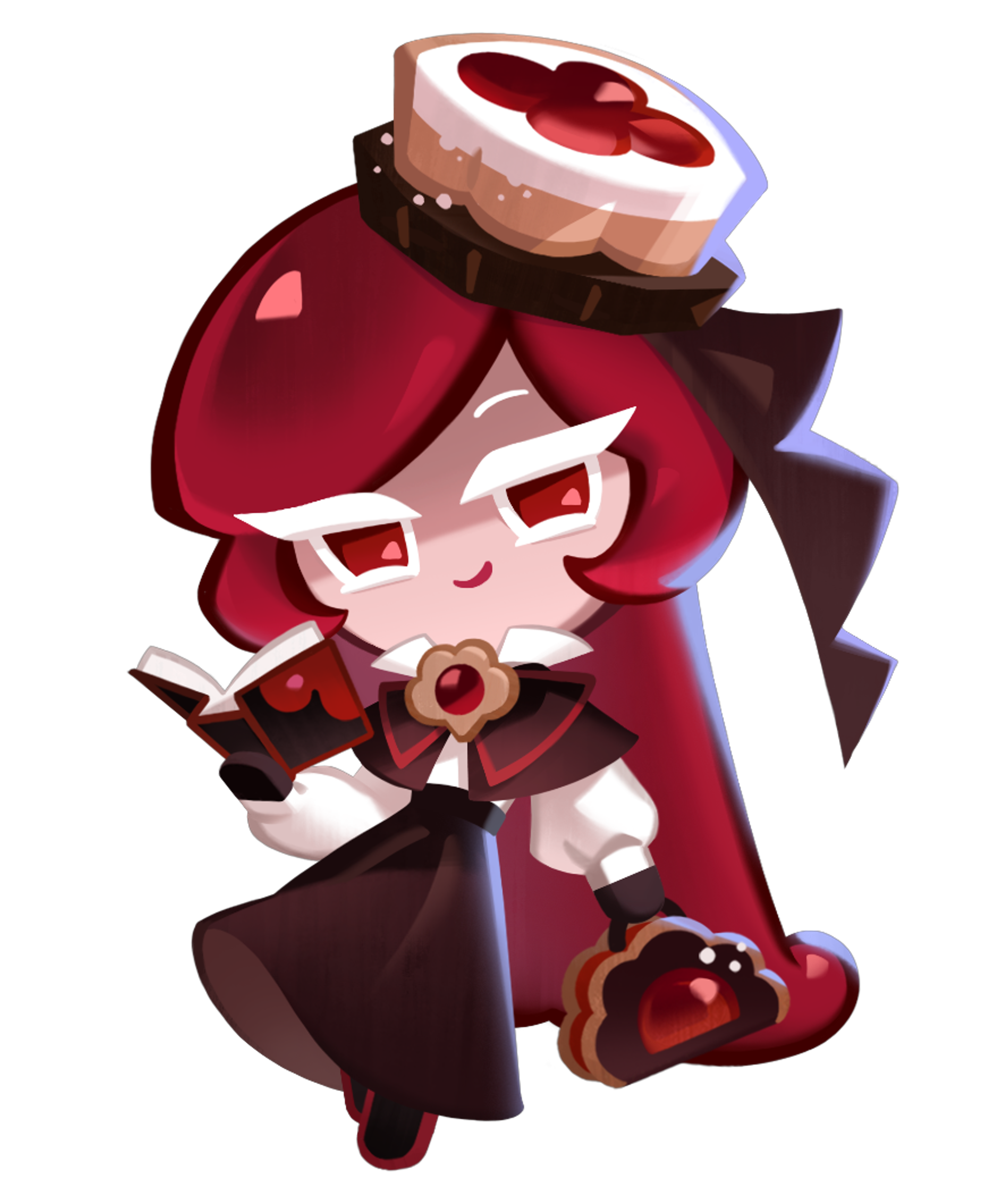 An anthropomorphized cookie character with red hair and eyes, wearing a pillbox hat and holding a book and a cookie-shaped bag.