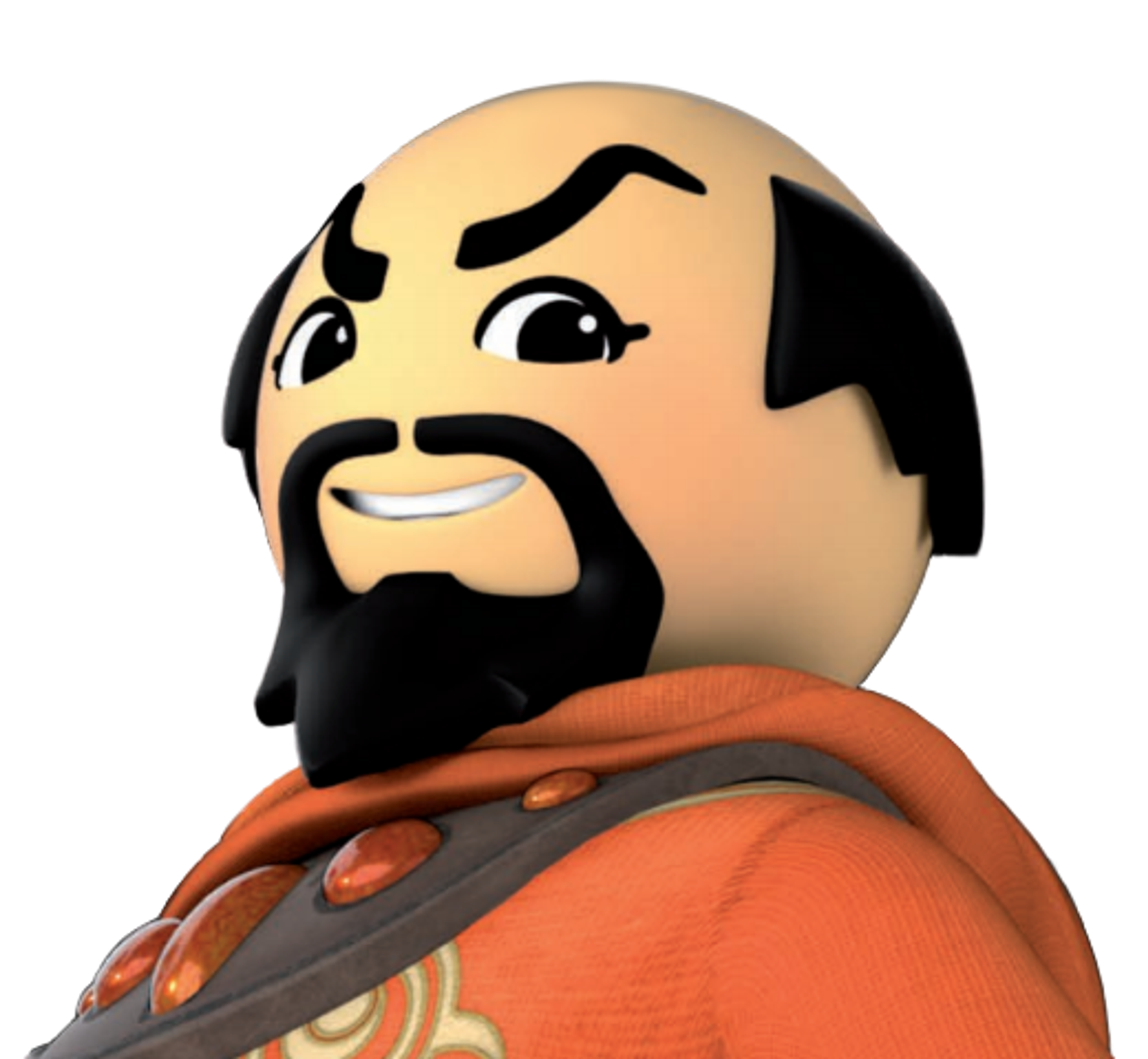 A cartoon wizard character with a large beard and orange robes, holding a magical staff.