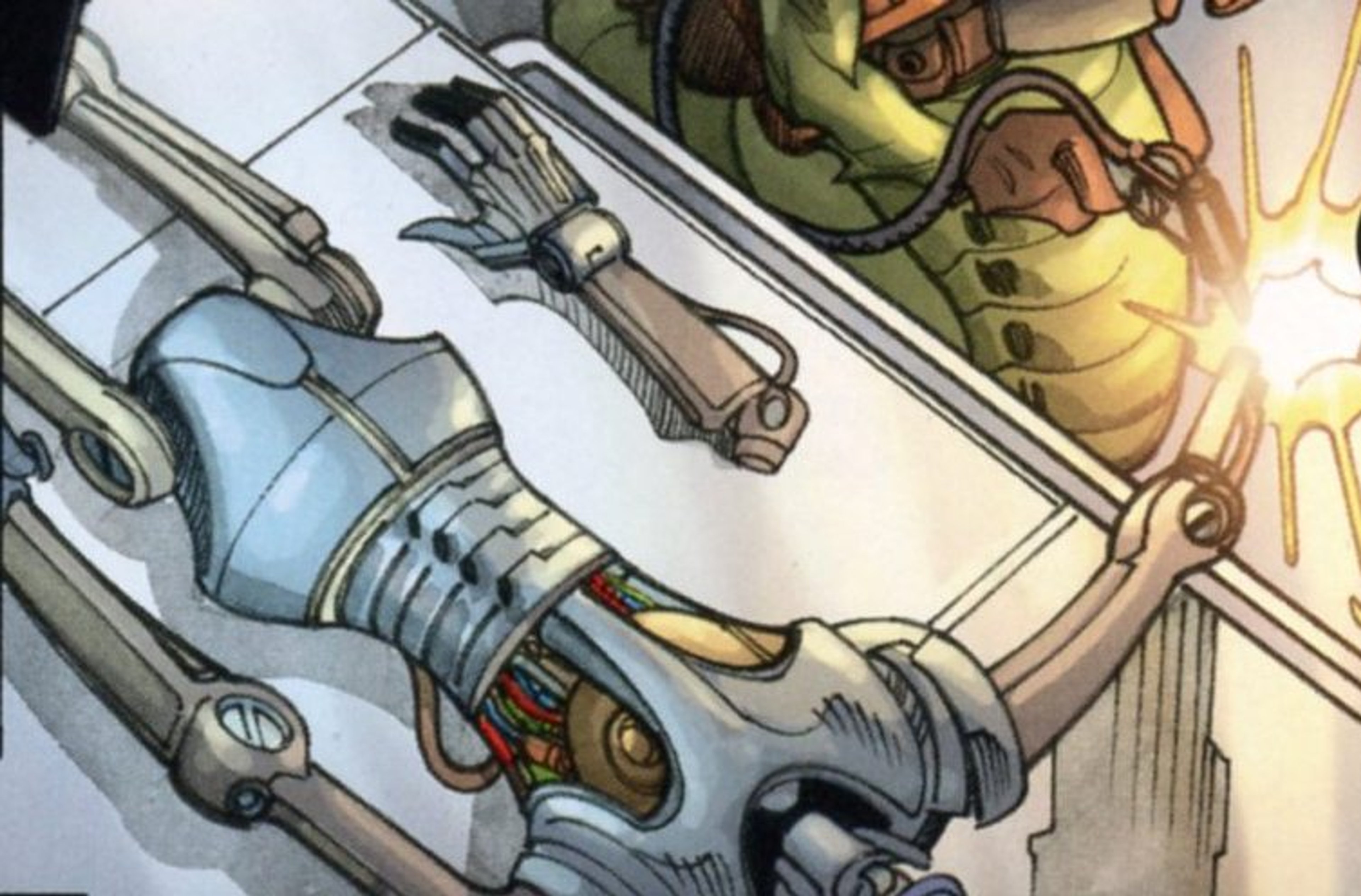 A detailed android or human replica droid with realistic synthetic skin and hair, in a technological environment.