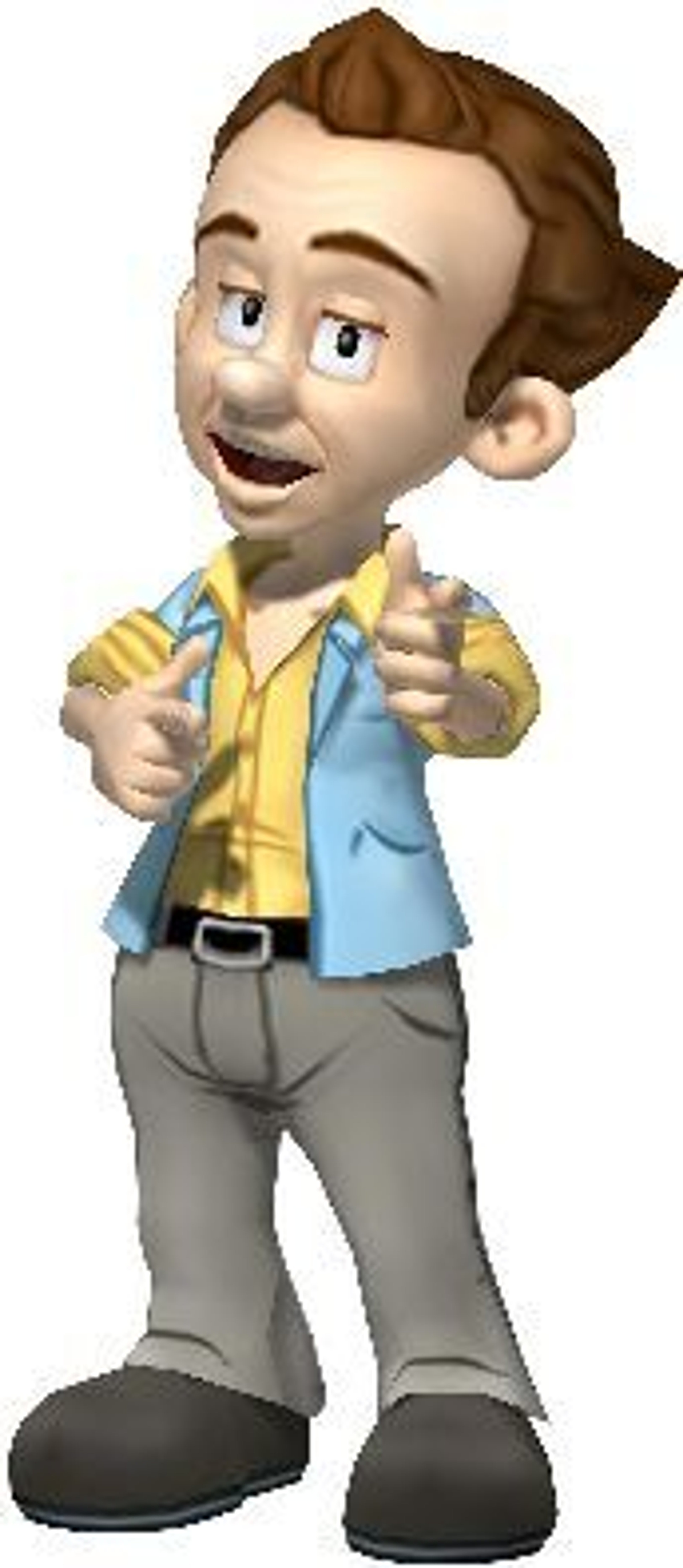 A cartoon character of a young adult male college student with spiky brown hair and a blue polo shirt