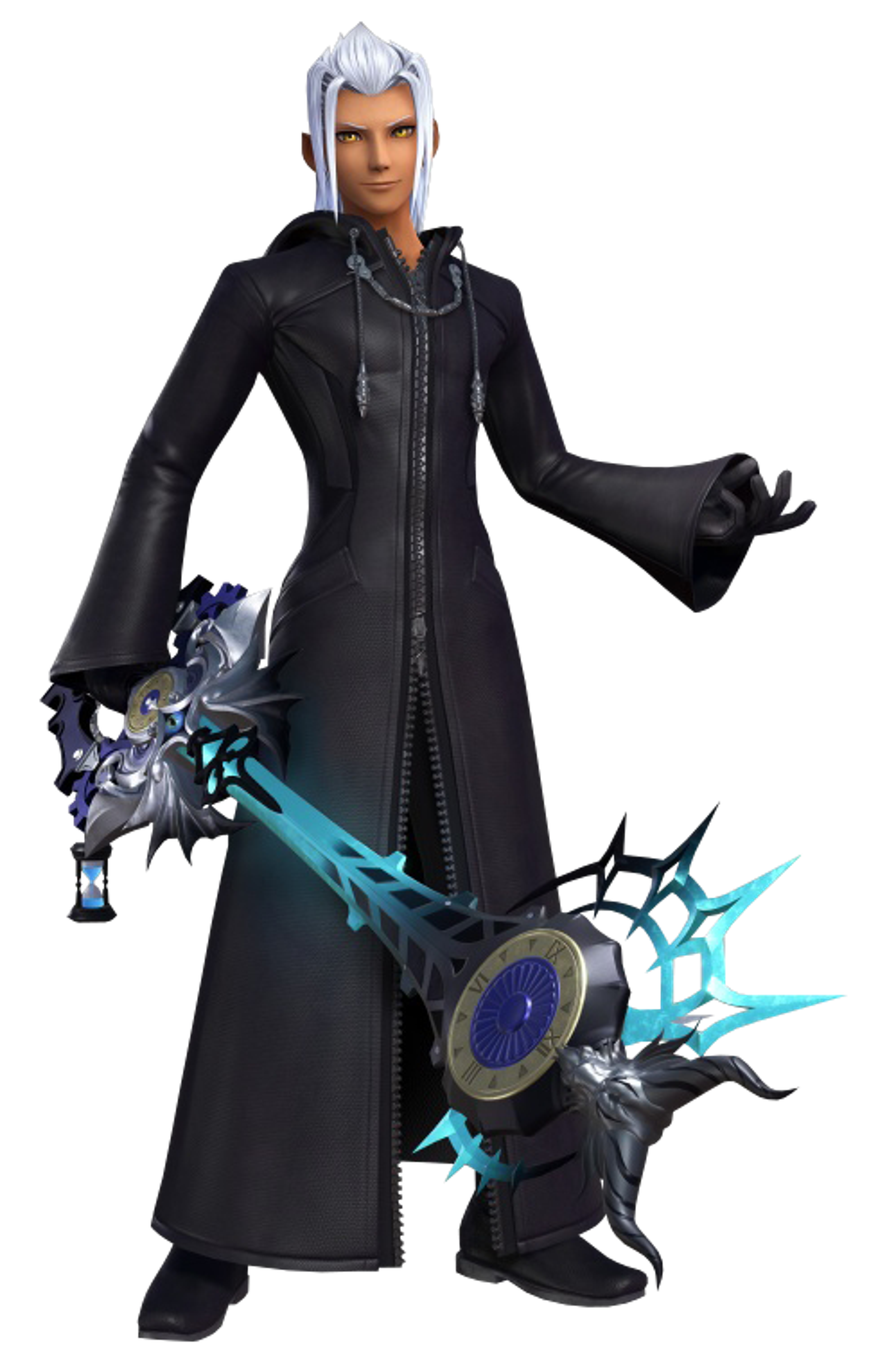 A young man with silver hair, golden eyes, and a black coat holding a Keyblade-like weapon
