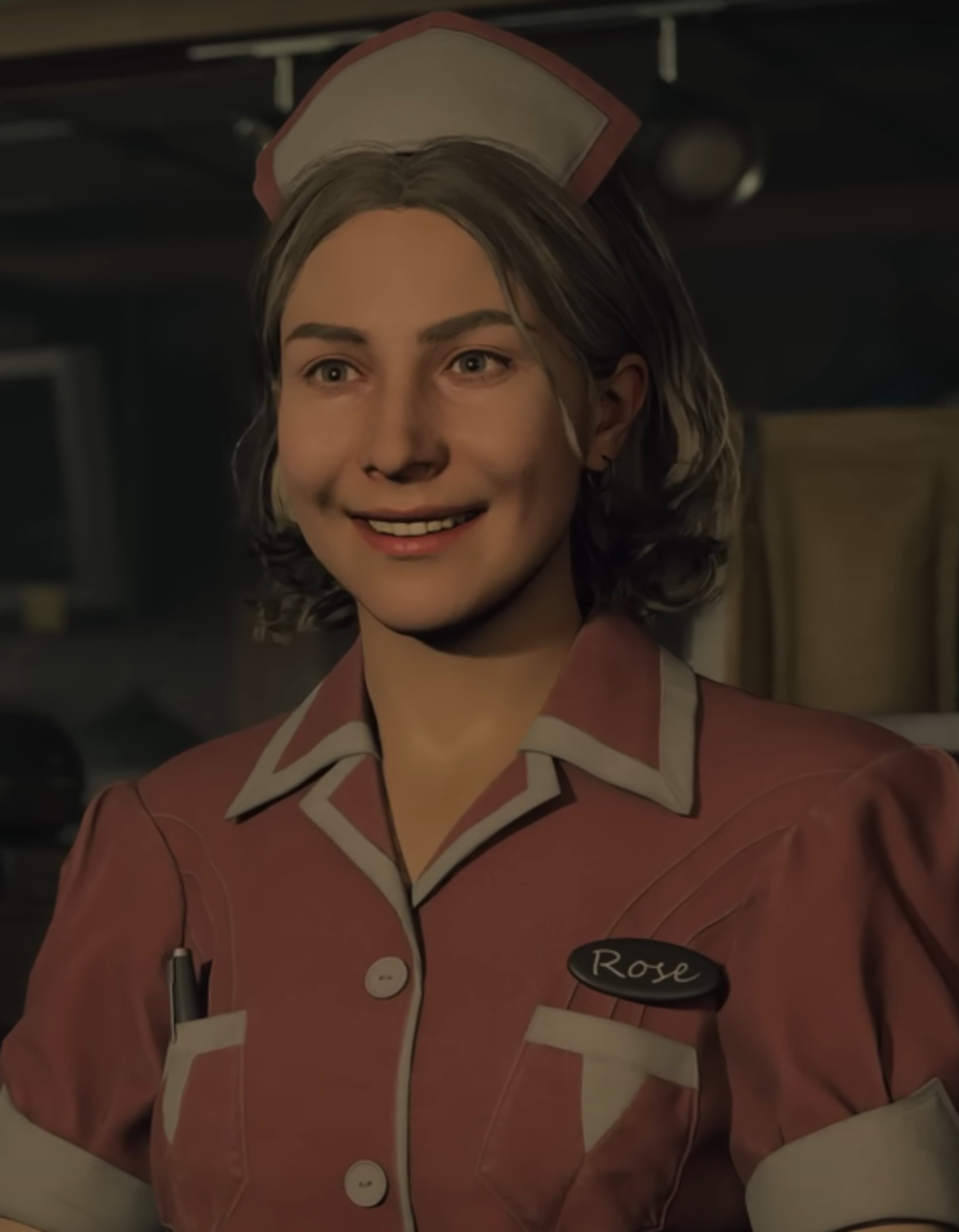 A smiling young woman in a pink waitress uniform with the name 'Rose' on her nametag