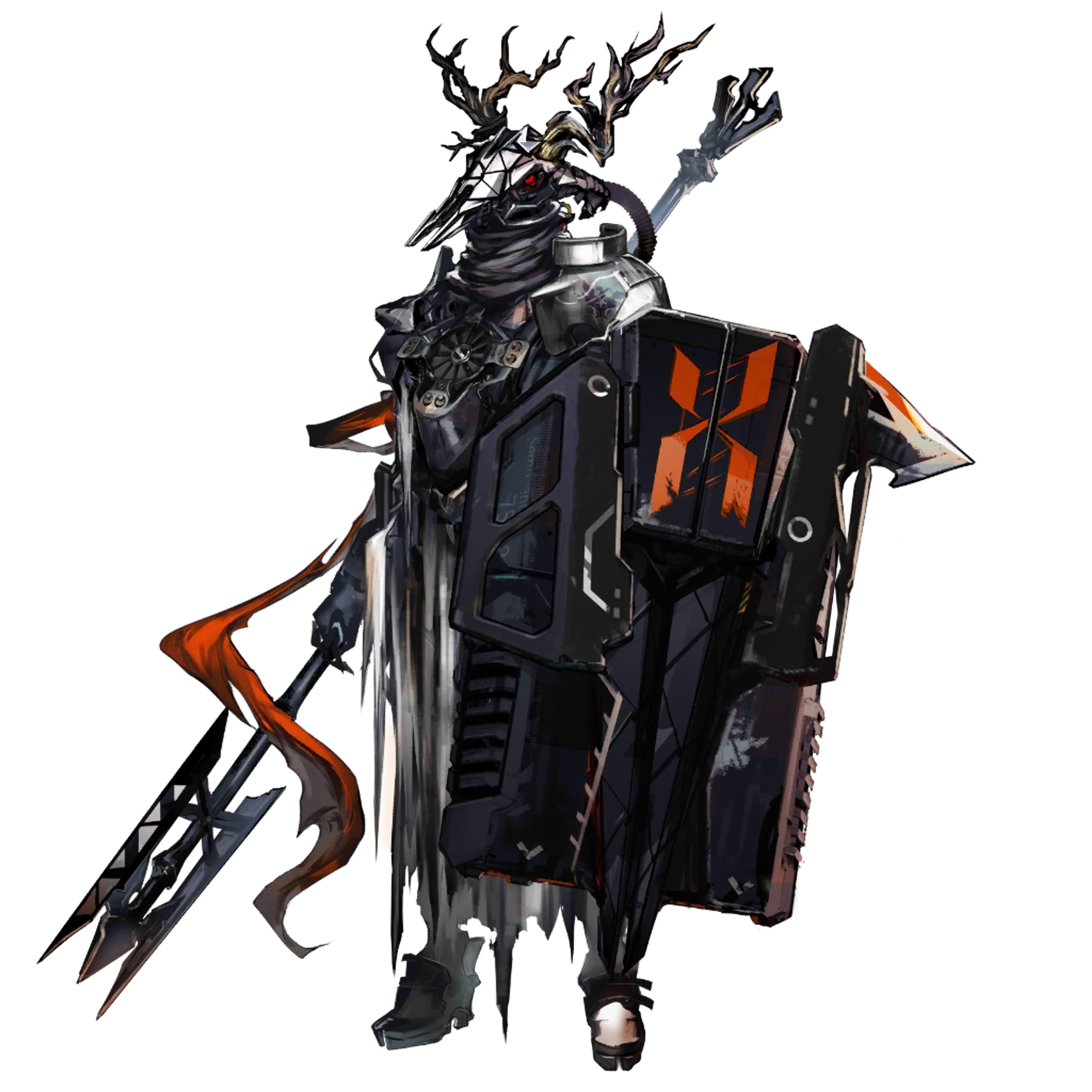 A heavily armored and muscular demonic-looking humanoid character wielding a futuristic weapon