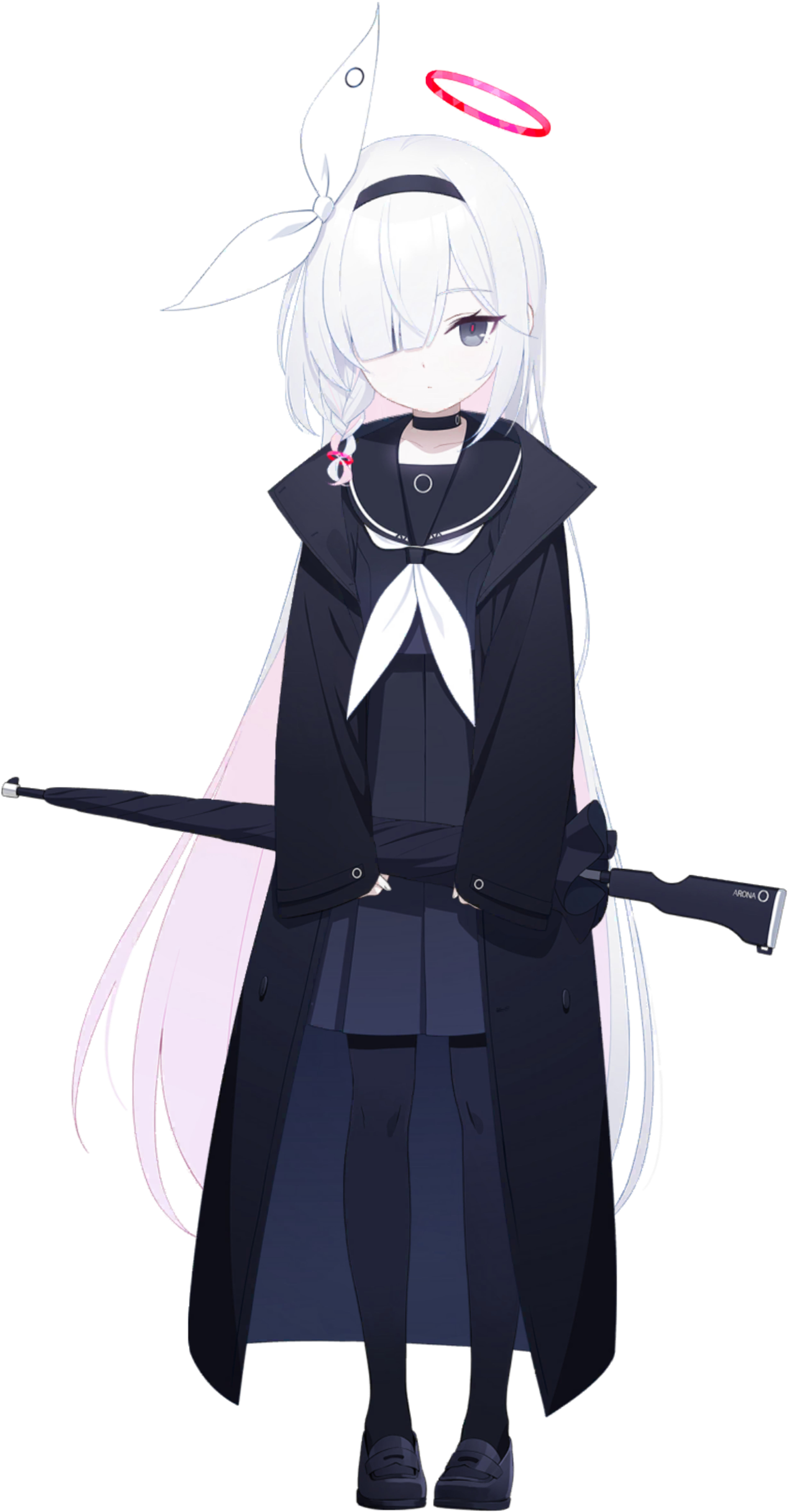 A young, petite anime-style character with long white hair and heterochromatic eyes, wearing a formal black outfit.